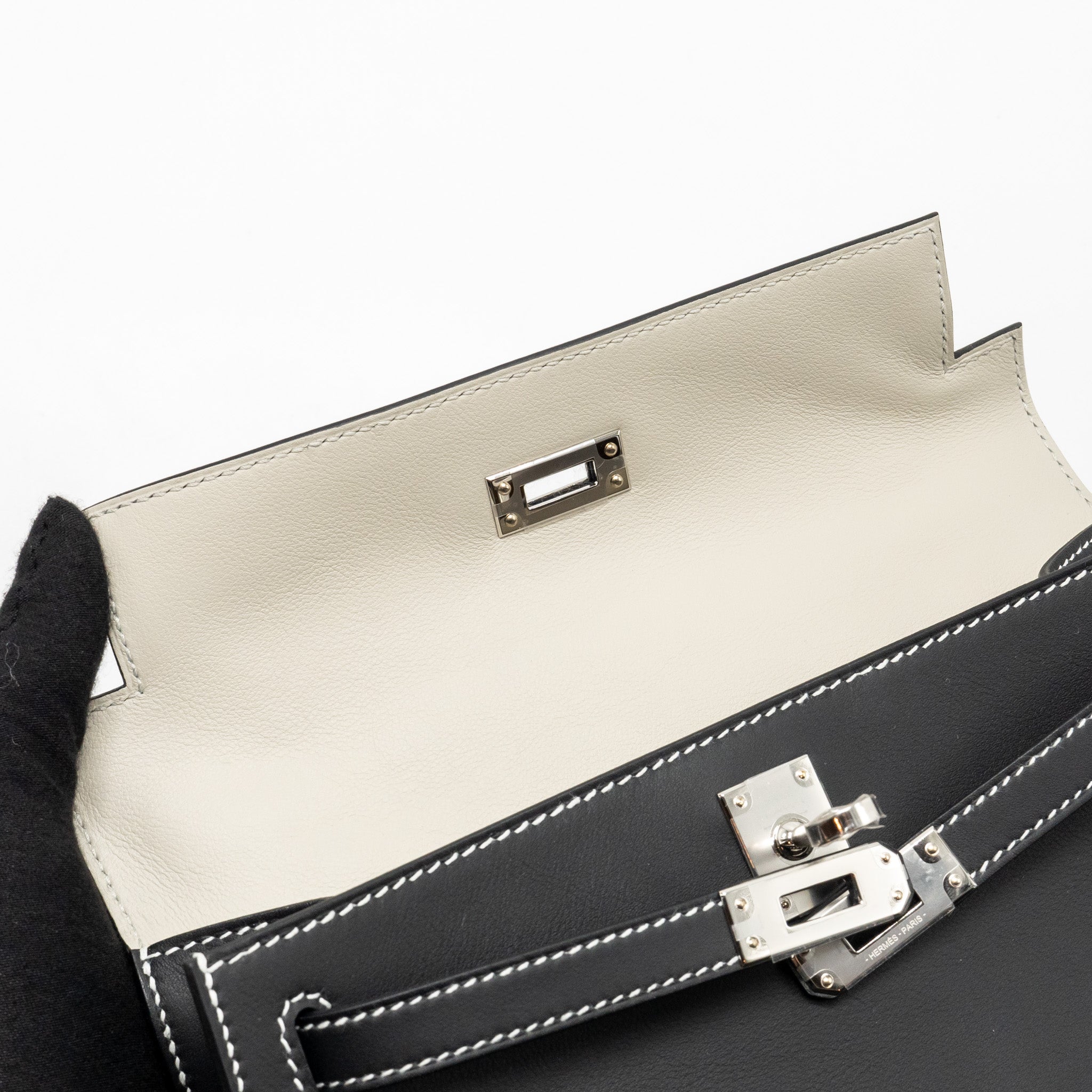 HERMES KELLY POCHETTE SPECIAL ORDER SWIFT BLACK/ GRIS PERLE SHW