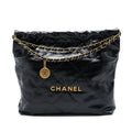 CHANEL MEDIUM 22 BAG GOLD LETTER SHINY CALFSKIN BLACK BRUSHED GHW(MICROCHIP)