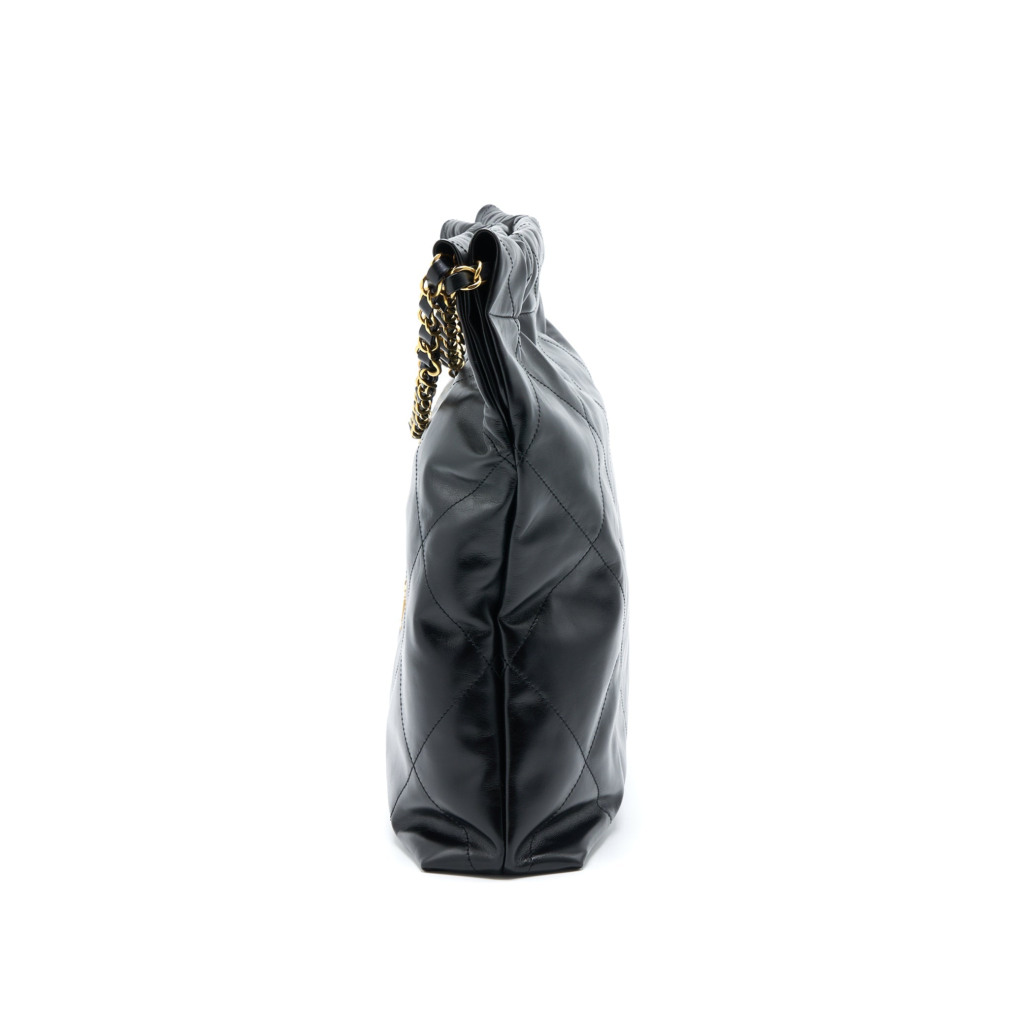 CHANEL MEDIUM 22 BAG GOLD LETTER SHINY CALFSKIN BLACK BRUSHED GHW(MICROCHIP)