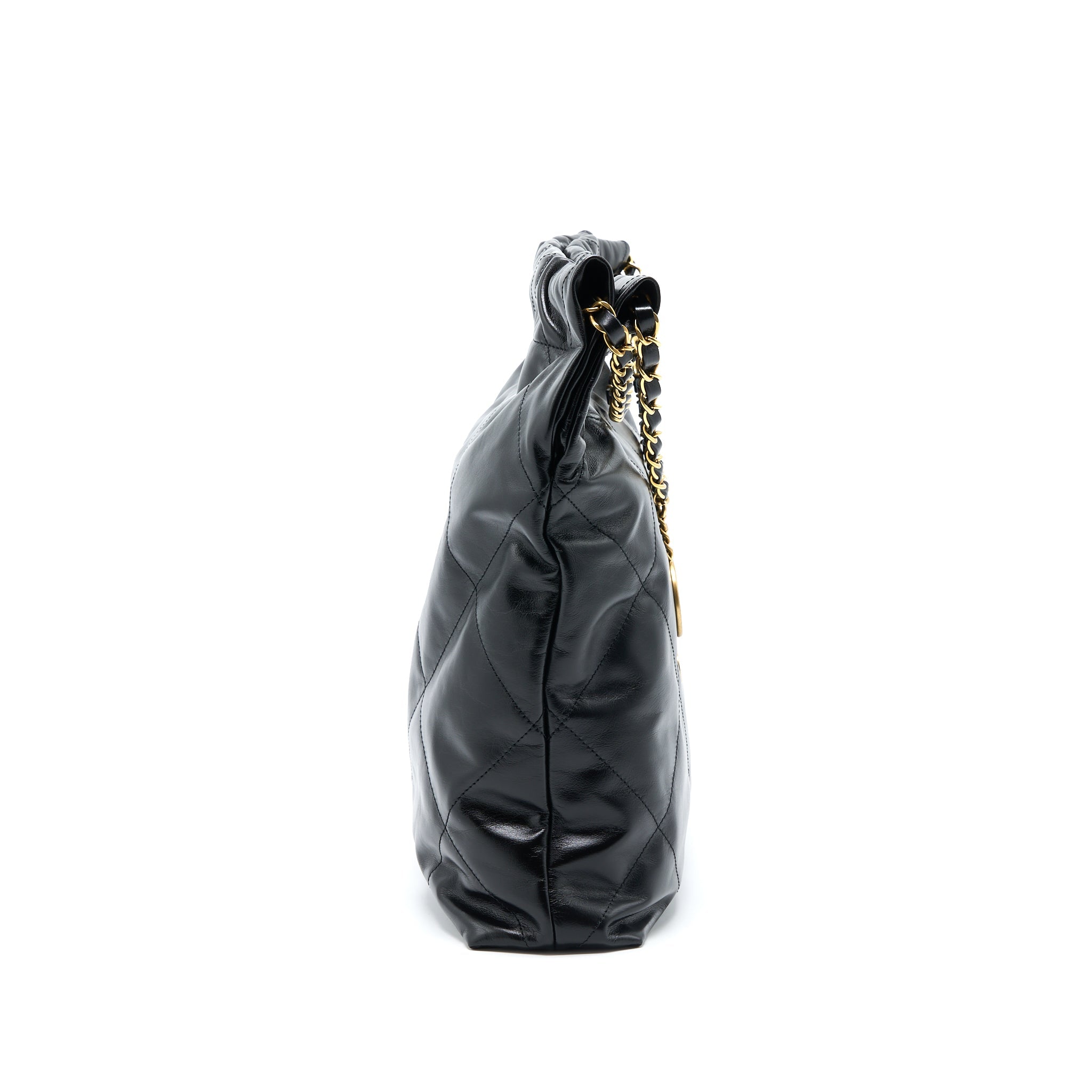 CHANEL MEDIUM 22 BAG GOLD LETTER SHINY CALFSKIN BLACK BRUSHED GHW(MICROCHIP)