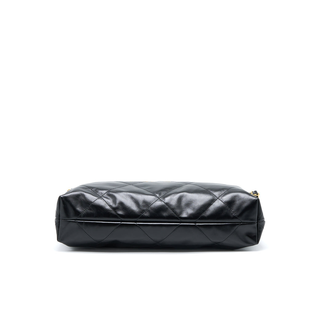 CHANEL MEDIUM 22 BAG GOLD LETTER SHINY CALFSKIN BLACK BRUSHED GHW(MICROCHIP)