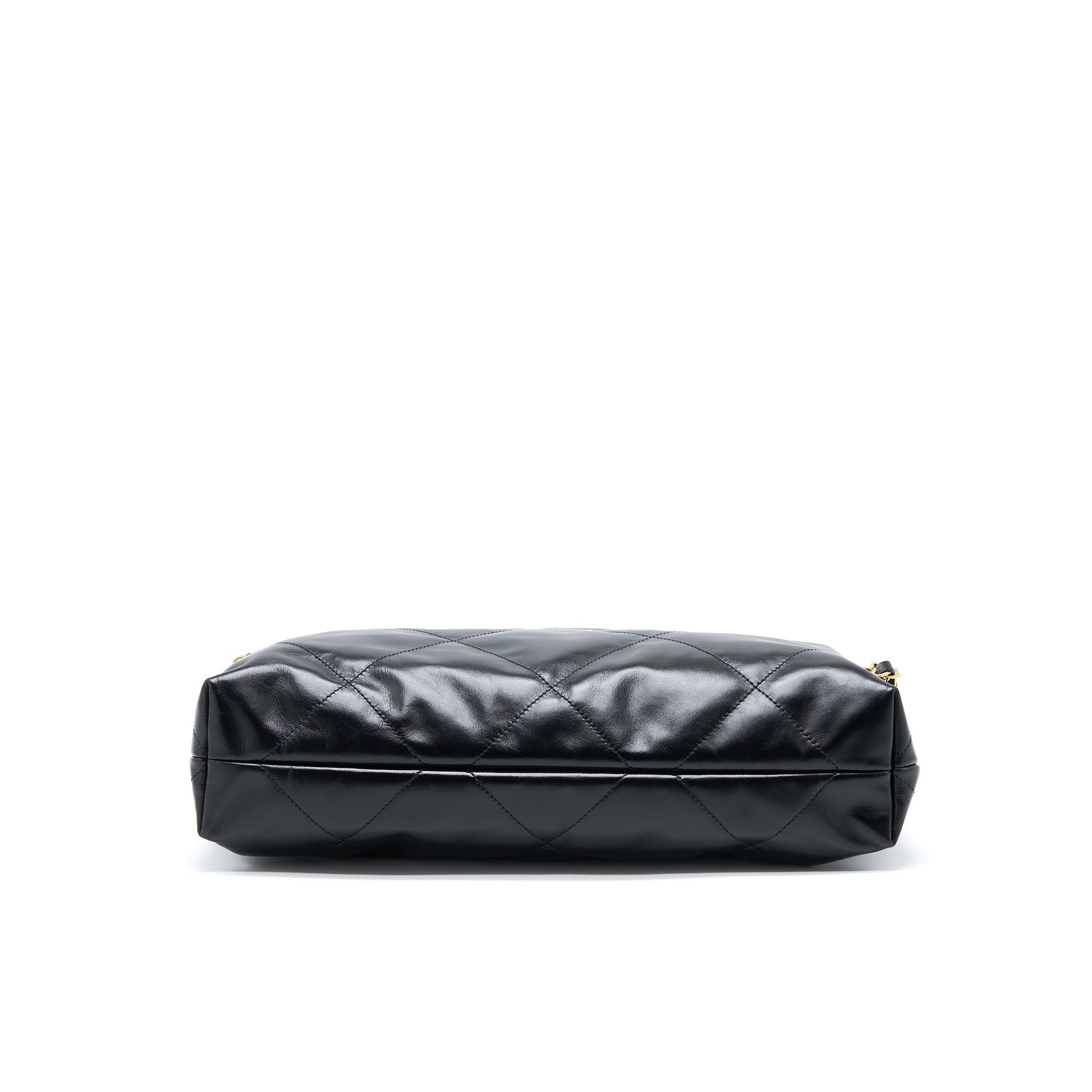 CHANEL MEDIUM 22 BAG GOLD LETTER SHINY CALFSKIN BLACK BRUSHED GHW(MICROCHIP)