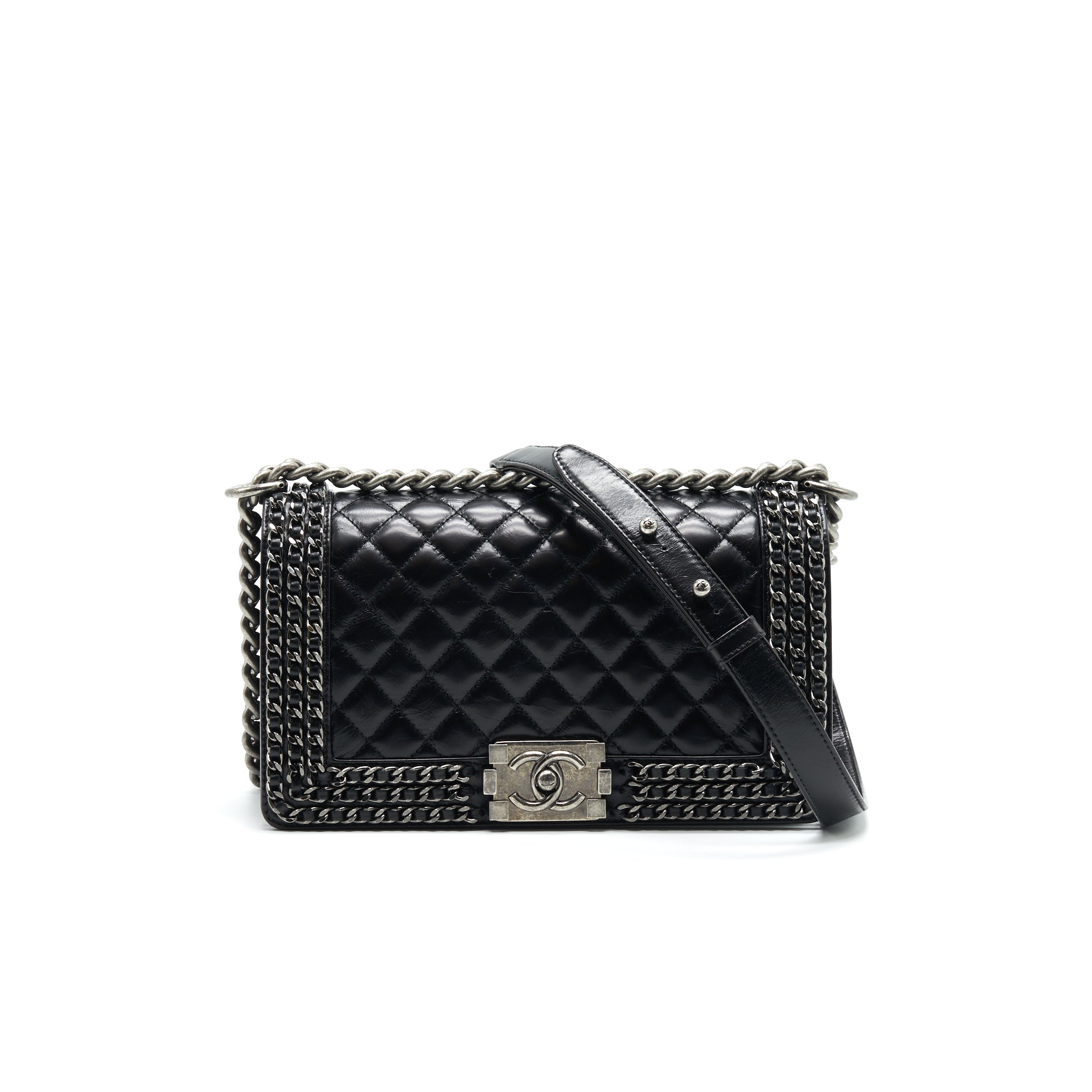 CHANEL OLD MEDIUM LEBOY BAG WITH CHAIN EDGE BLACK