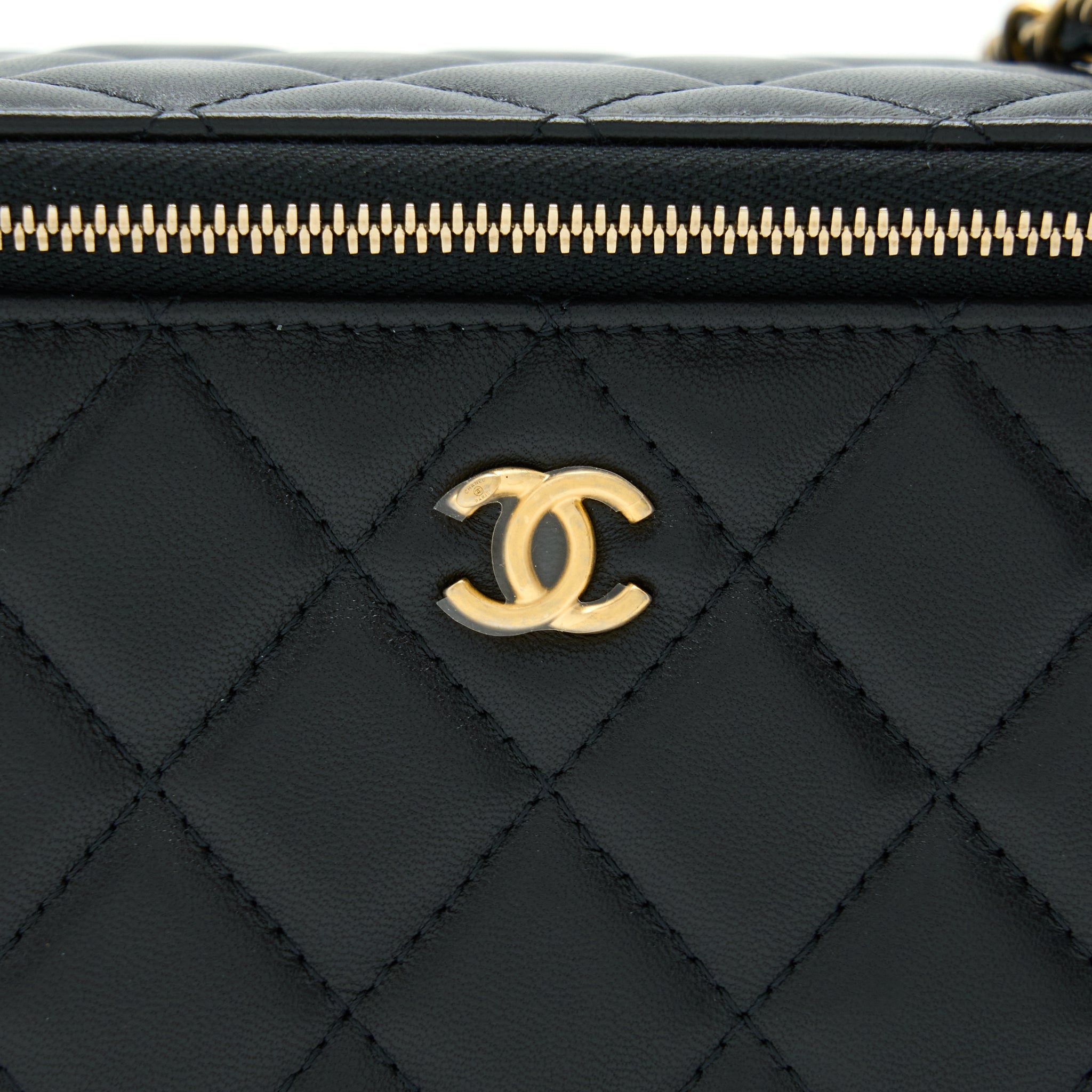 CHANEL PEARL CRUSH LONG VANITY WITH CHAIN LAMBSKIN BLACK GHW