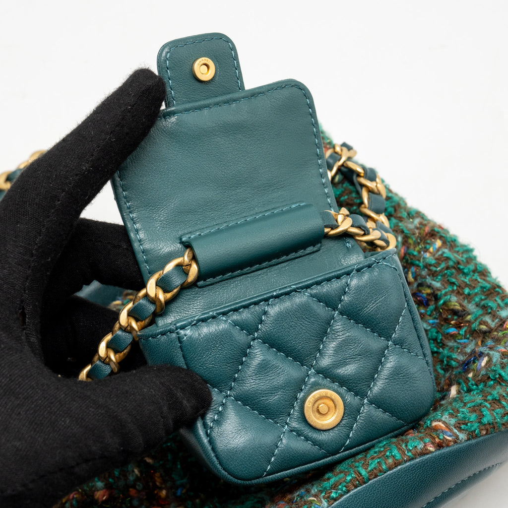 CHANEL BUCKET BACKPACK WITH CASE TWEED/LAMBSKIN DARK GREEN/MULTICOLOUR GHW (MICROCHIP)