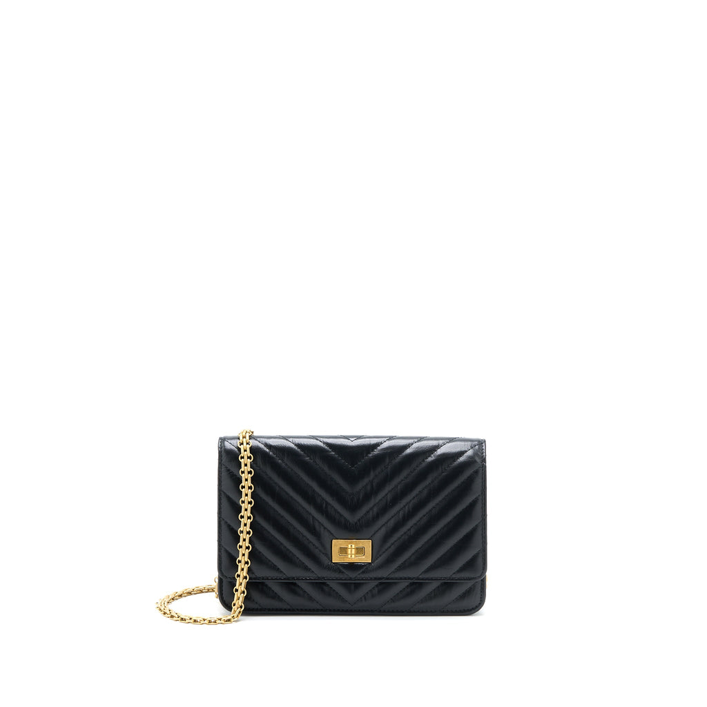 CHANEL 2.55 REISSUE WALLET ON CHAIN CHEVRON AGED CALFSKIN BLACK BRUSHED GHW (MICROCHIP)