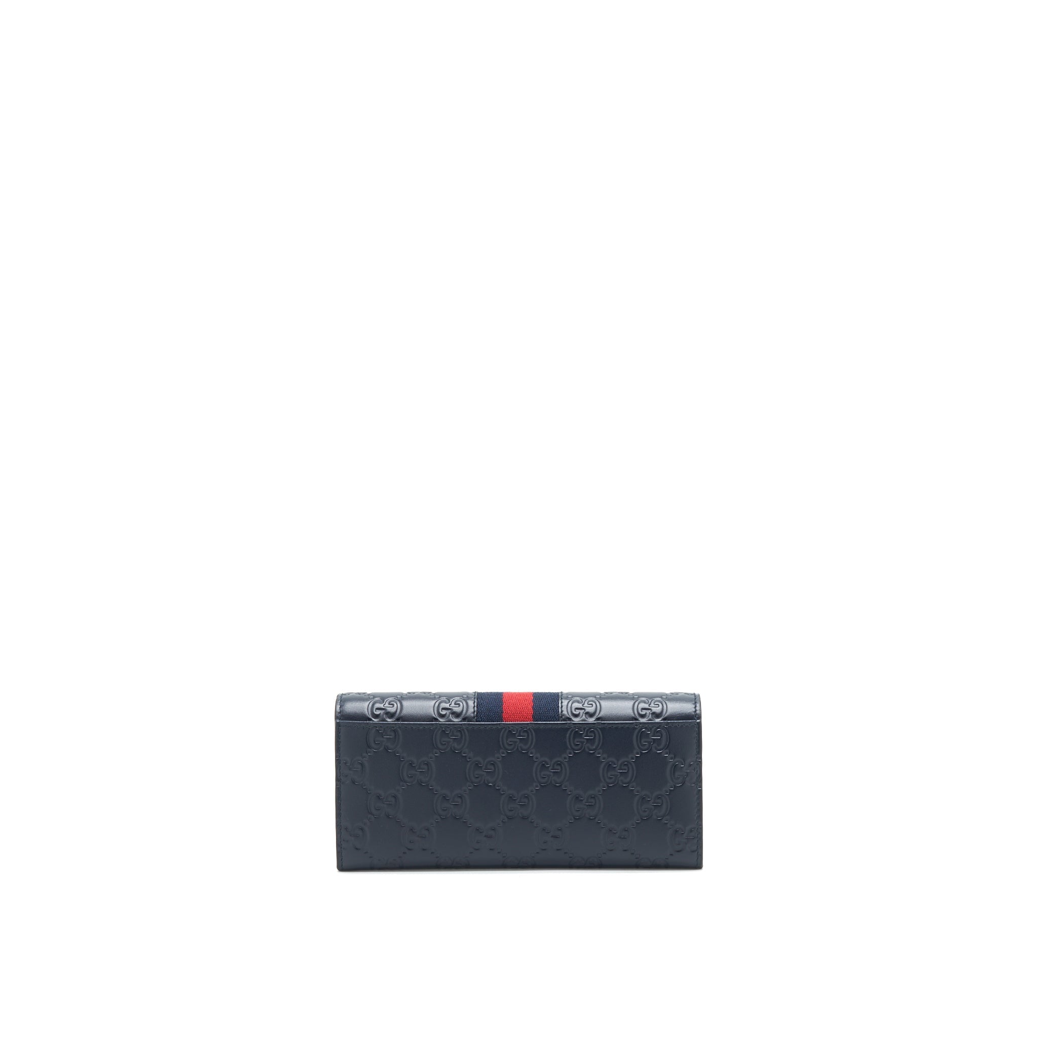 GUCCI MEN'S SIGNATURE WEB LEATHER LONG WALLET IN DARK NAVY