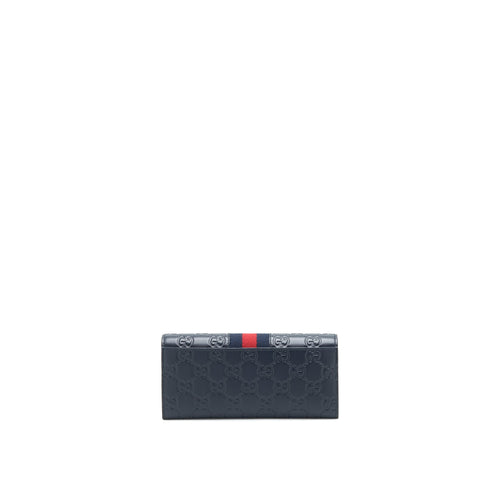 GUCCI MEN'S SIGNATURE WEB LEATHER LONG WALLET IN DARK NAVY