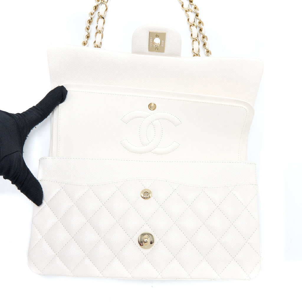 CHANEL MEDIUM CLASSIC DOUBLE FLAP BAG CAVIAR WHITE LGHW