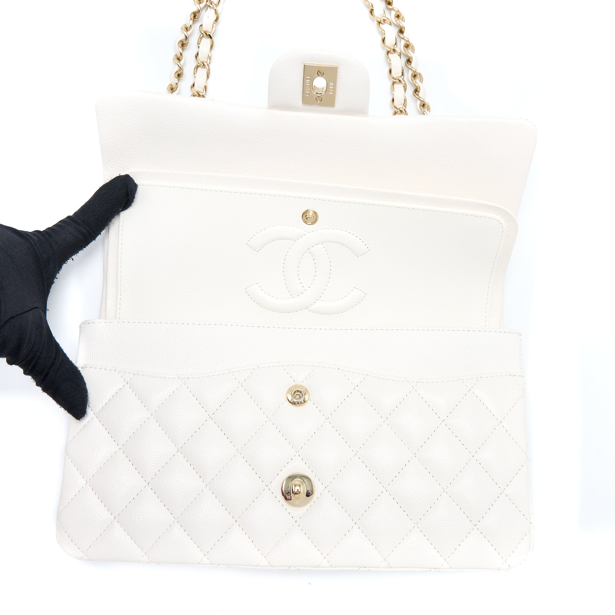 CHANEL MEDIUM CLASSIC DOUBLE FLAP BAG CAVIAR WHITE LGHW
