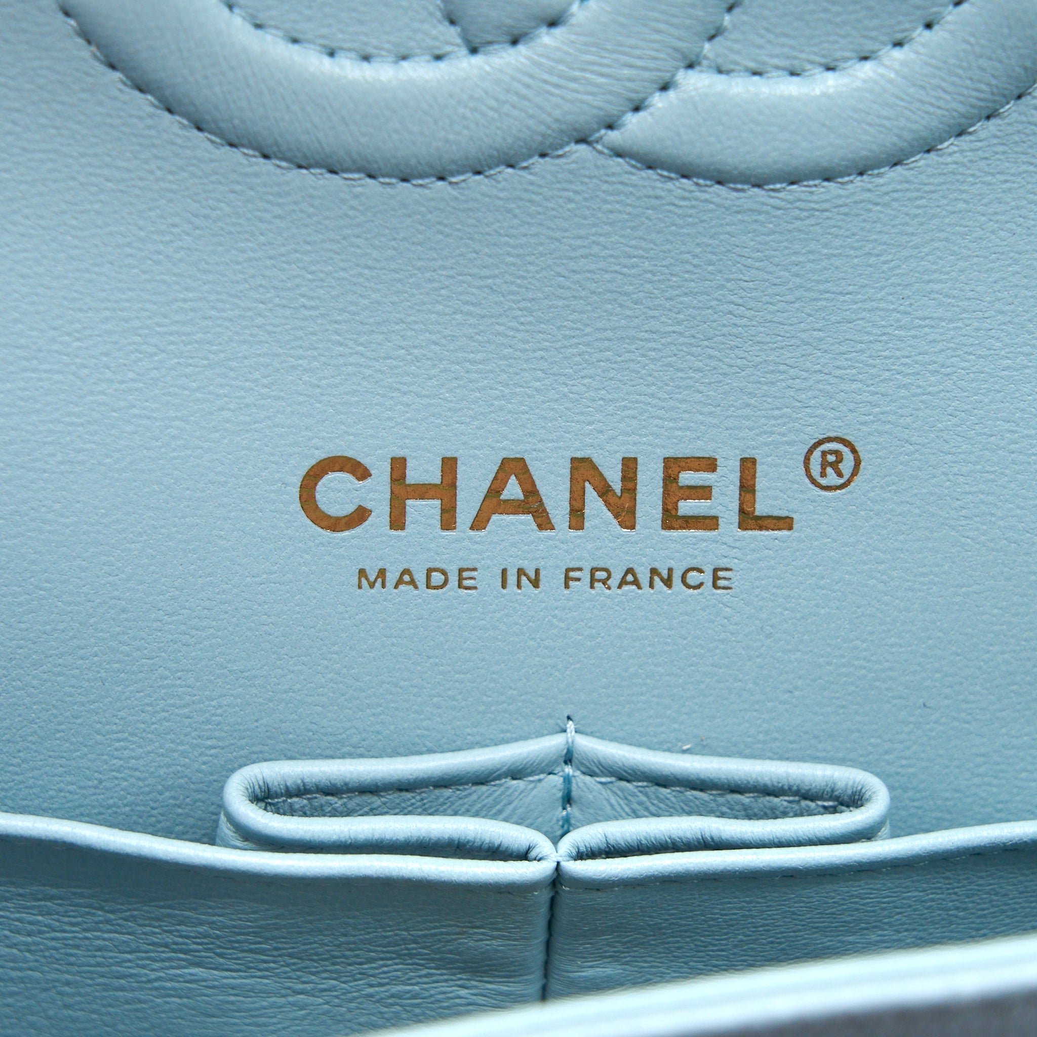 CHANEL MEDIUM CLASSIC DOUBLE FLAP BAG CAVIAR LIGHT BLUE LGHW (MICROCHIP)