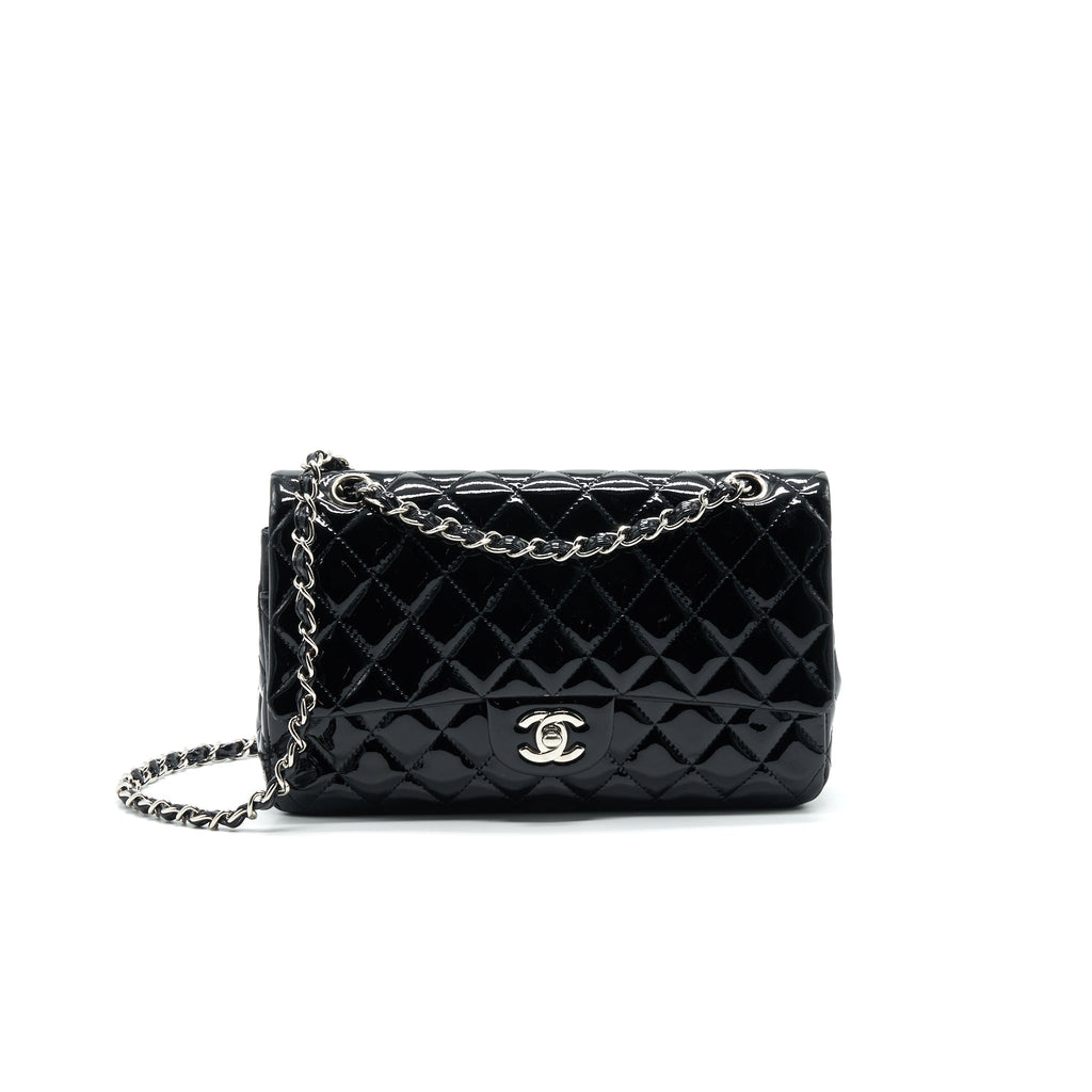 CHANEL PATENT LEATHER MEDIUM CLASSIC DOUBLE FLAP BAG BLACK SHW