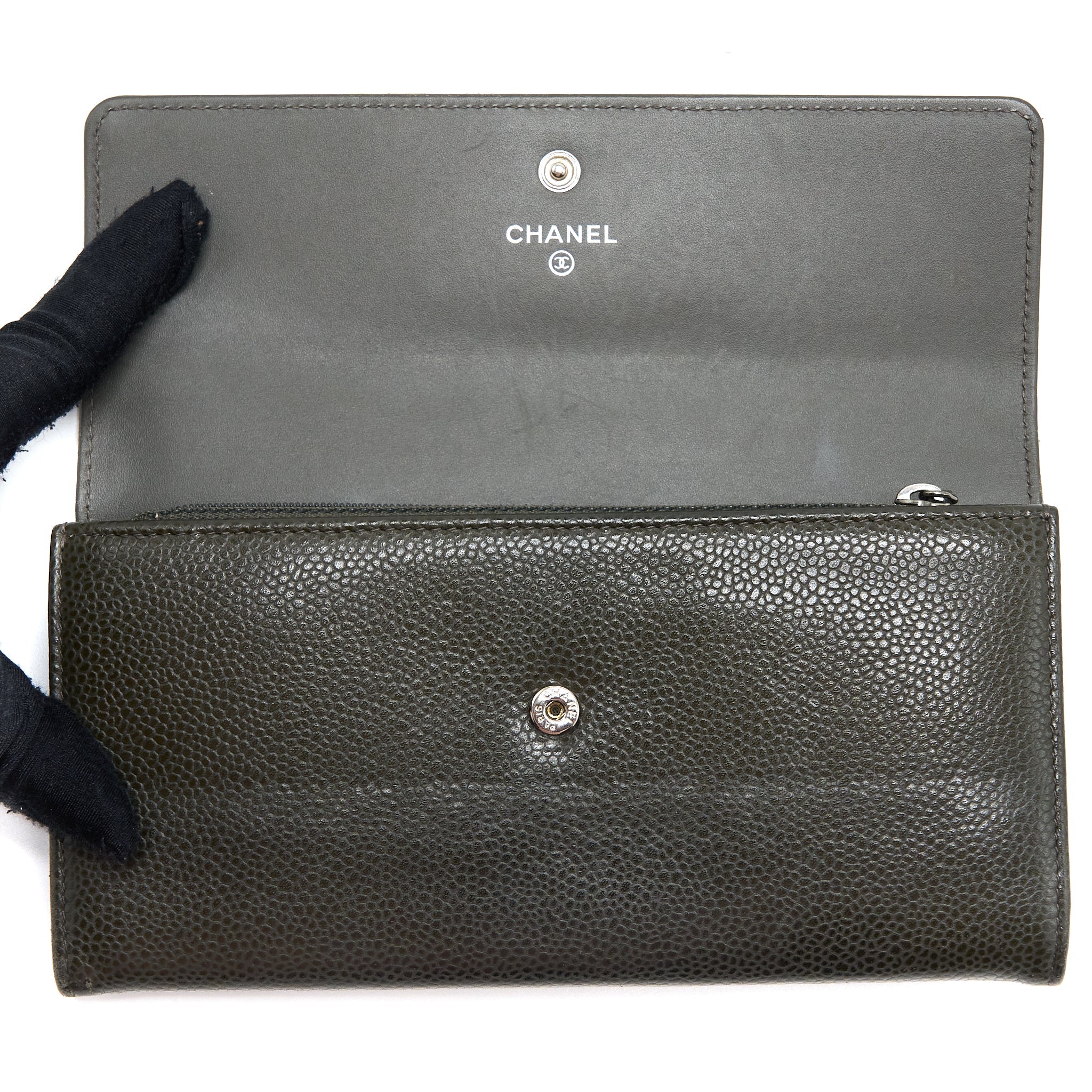 CHANEL CC LOGO FLAP LONG WALLET CAVIAR DARK OLIVE GREEN SHW