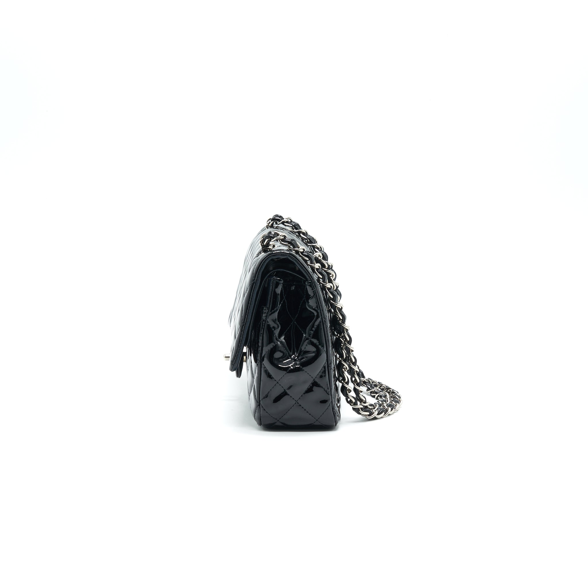 CHANEL PATENT LEATHER MEDIUM CLASSIC DOUBLE FLAP BAG BLACK SHW