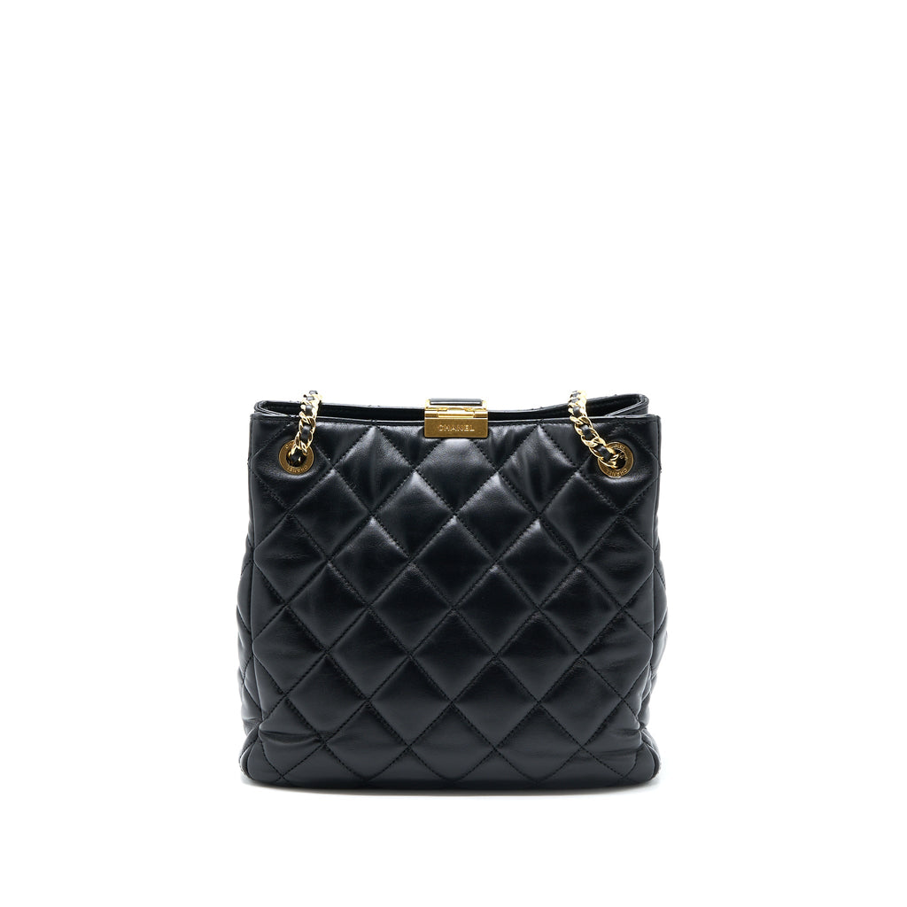 CHANEL SEASONAL TOTE BAG LAMBSKIN BLACK BRUSHED GHW(MICROCHIP)