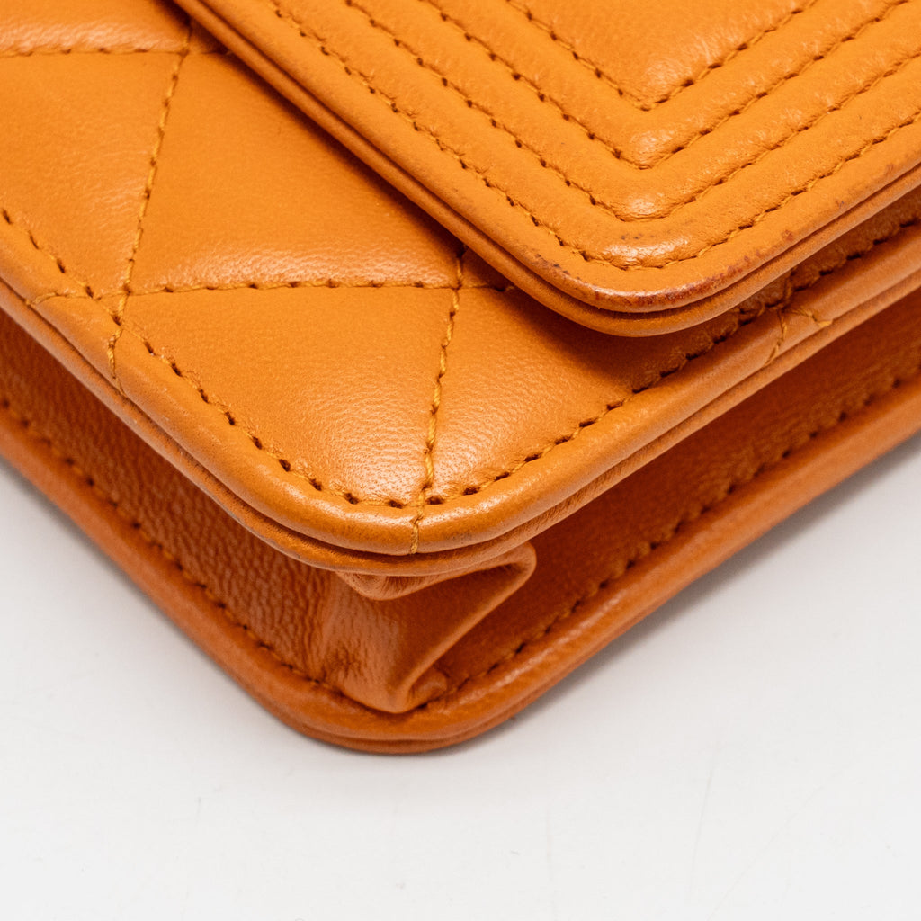 CHANEL BOY WALLET ON CHAIN LAMBSKIN ORANGE RUTHENIUM SILVER HARDWARE