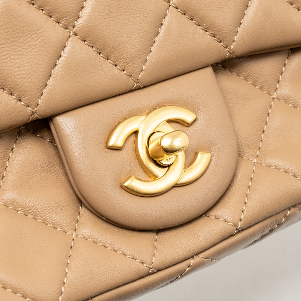 CHANEL PEARL CRUSH MINI RECTANGULAR LAMBSKIN DARK BEIGE GHW (MICROCHIP)