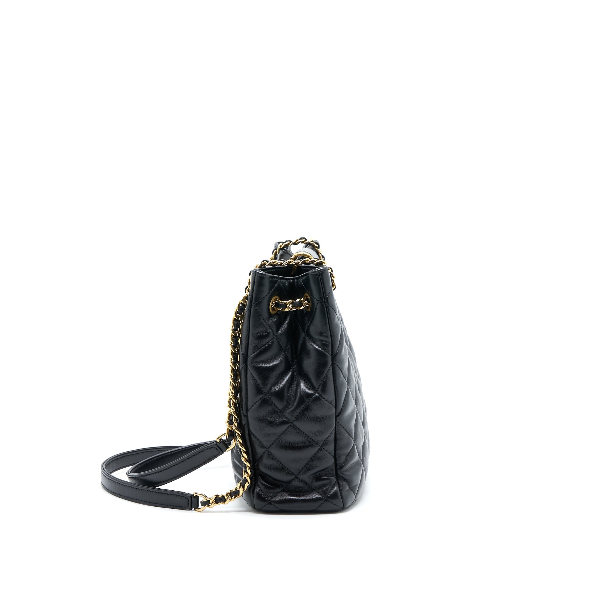 CHANEL SEASONAL TOTE BAG LAMBSKIN BLACK BRUSHED GHW(MICROCHIP)