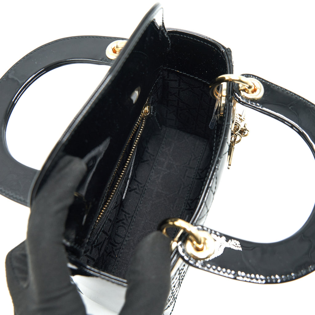 DIOR MINI LADY DIOR PATENT LEATHER BLACK WITH GHW