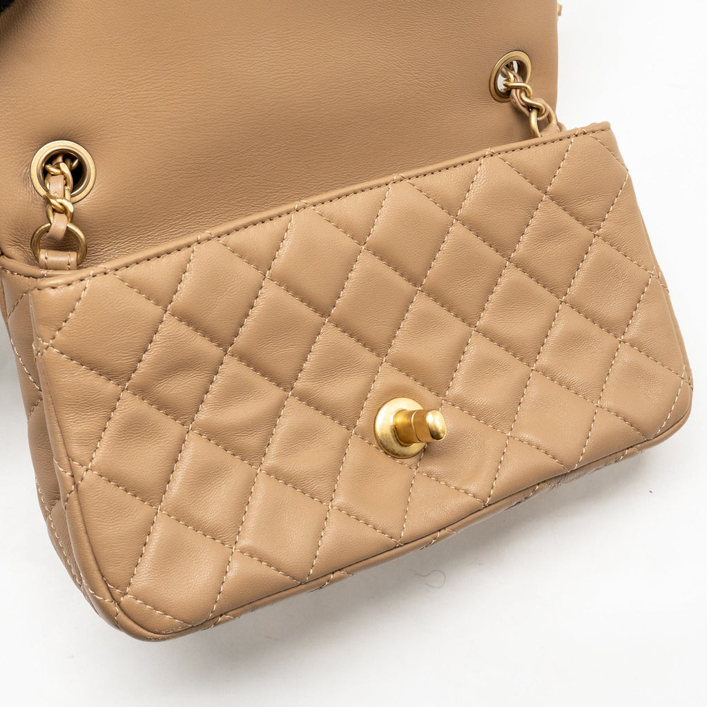 CHANEL PEARL CRUSH MINI RECTANGULAR LAMBSKIN DARK BEIGE GHW (MICROCHIP)