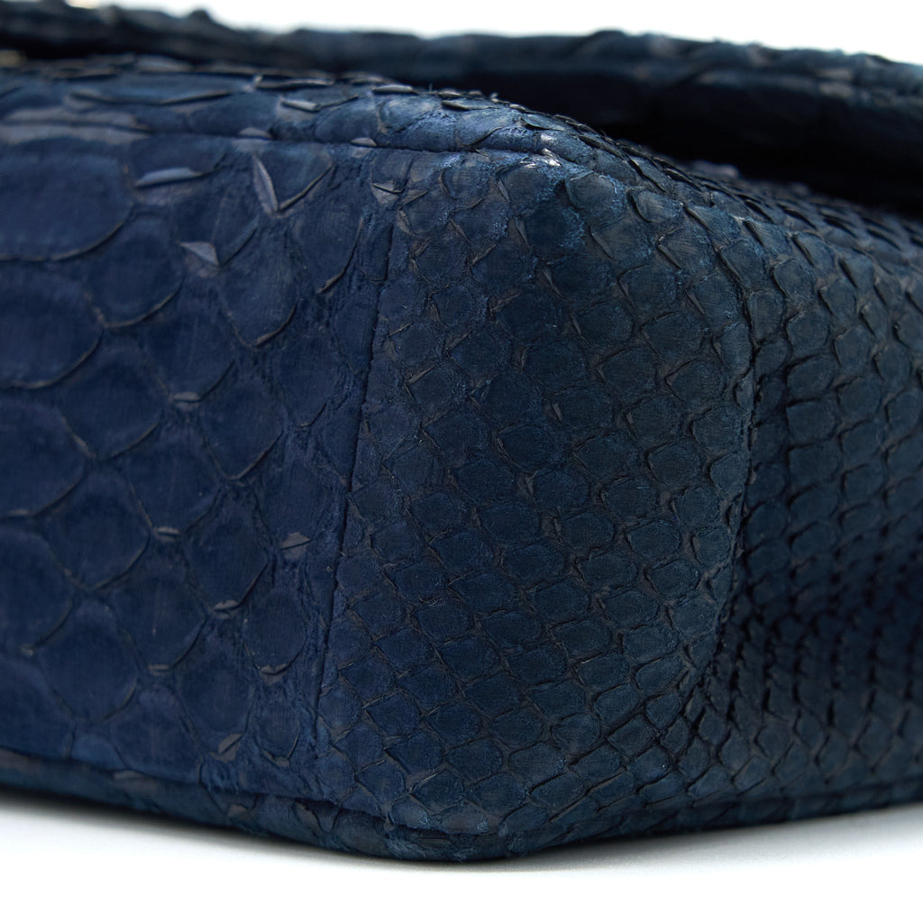 CHANEL MEDIUM CLASSIC DOUBLE FLAP BAG PYTHON DARK BLUE SHW