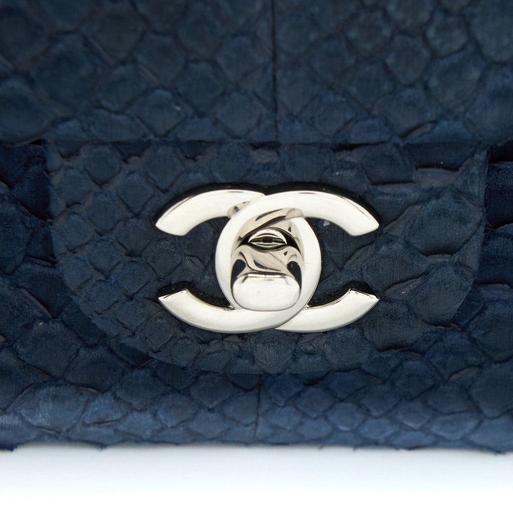 CHANEL MEDIUM CLASSIC DOUBLE FLAP BAG PYTHON DARK BLUE SHW