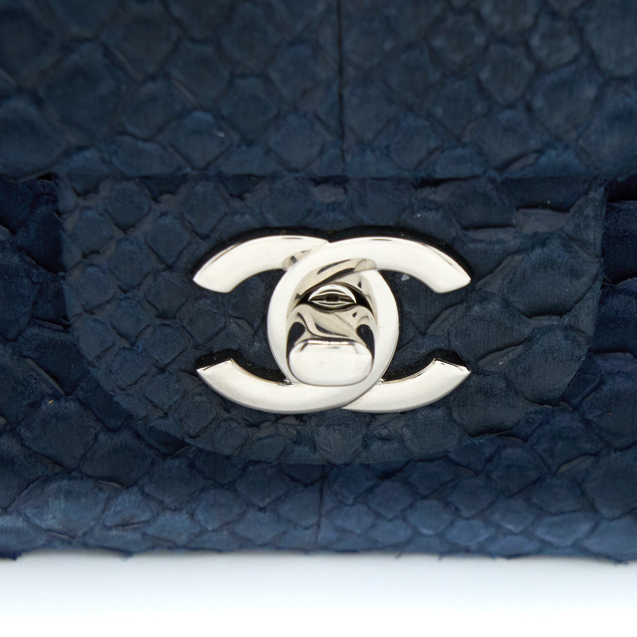 CHANEL MEDIUM CLASSIC DOUBLE FLAP BAG PYTHON DARK BLUE SHW