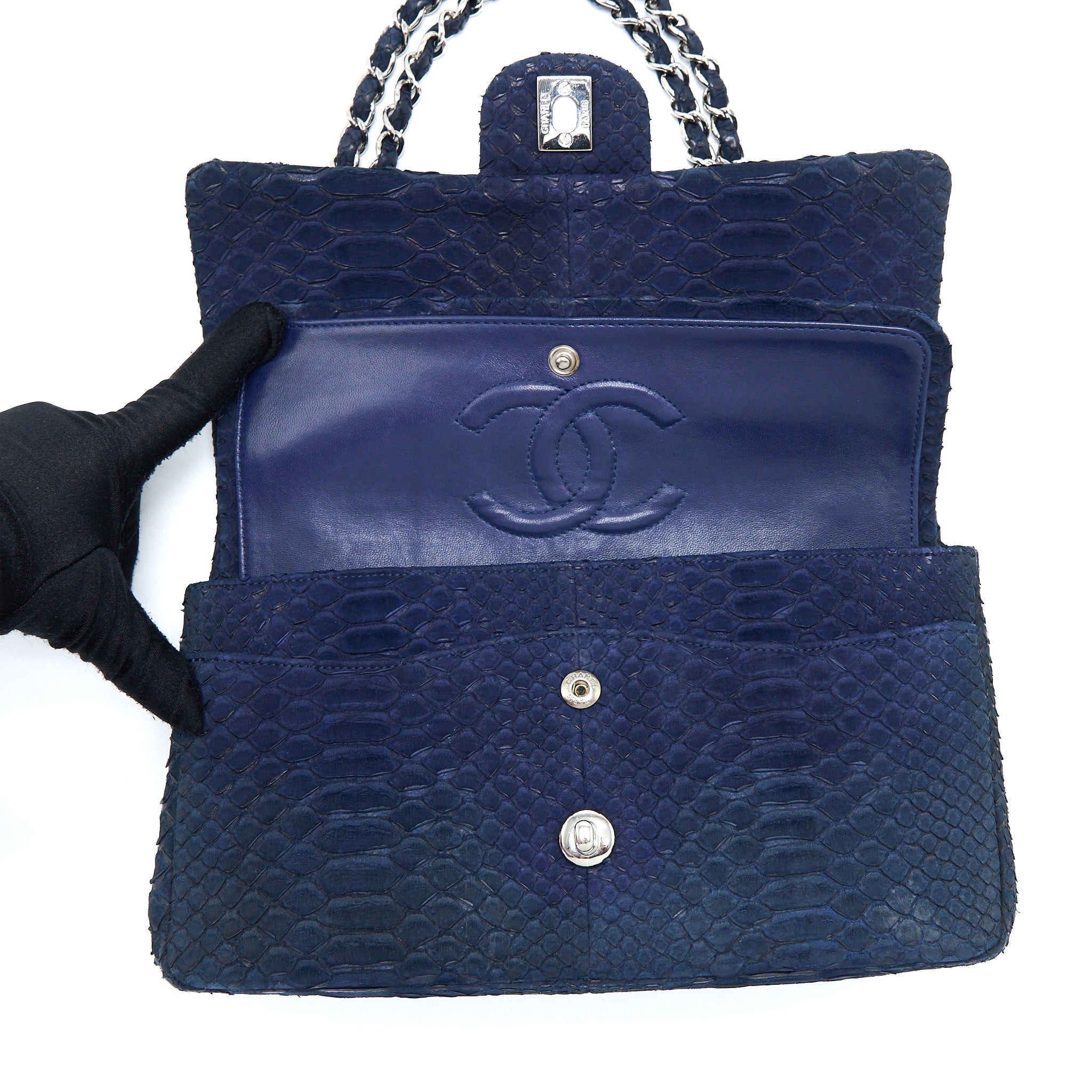 CHANEL MEDIUM CLASSIC DOUBLE FLAP BAG PYTHON DARK BLUE SHW