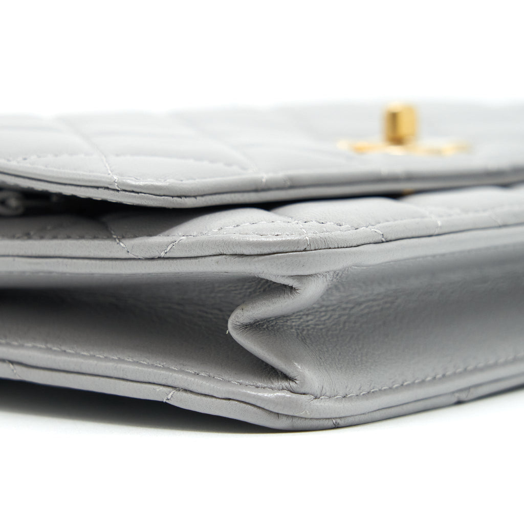 CHANEL PEARL CRUSH WALLET ON CHAIN LAMBSKIN GREY BRUSHED GHW (MICROCHIP)