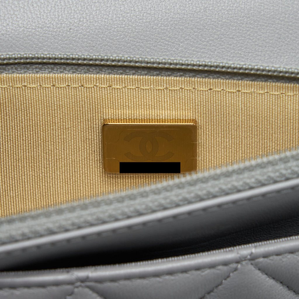 CHANEL PEARL CRUSH WALLET ON CHAIN LAMBSKIN GREY BRUSHED GHW (MICROCHIP)