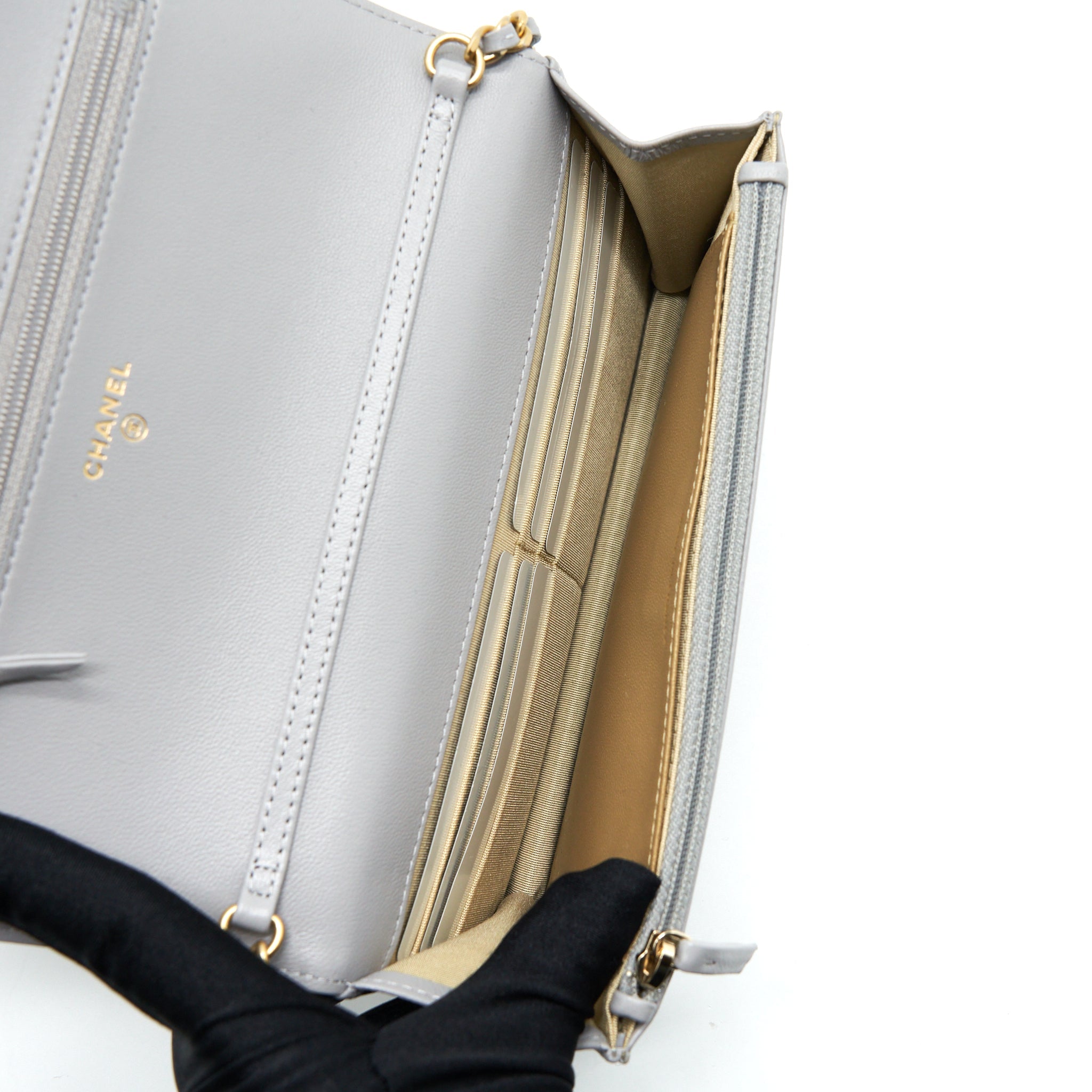 CHANEL PEARL CRUSH WALLET ON CHAIN LAMBSKIN GREY BRUSHED GHW (MICROCHIP)