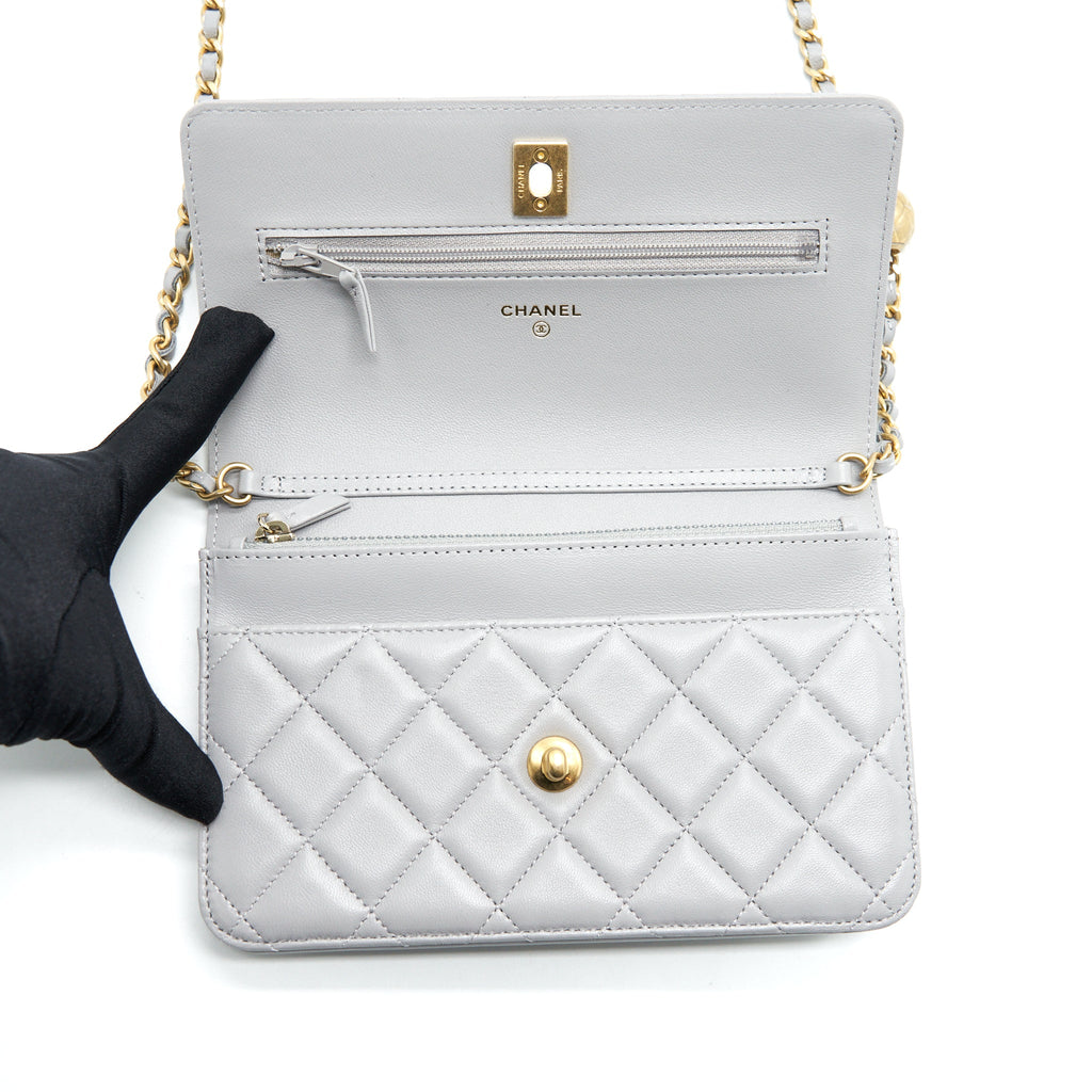 CHANEL PEARL CRUSH WALLET ON CHAIN LAMBSKIN GREY BRUSHED GHW (MICROCHIP)