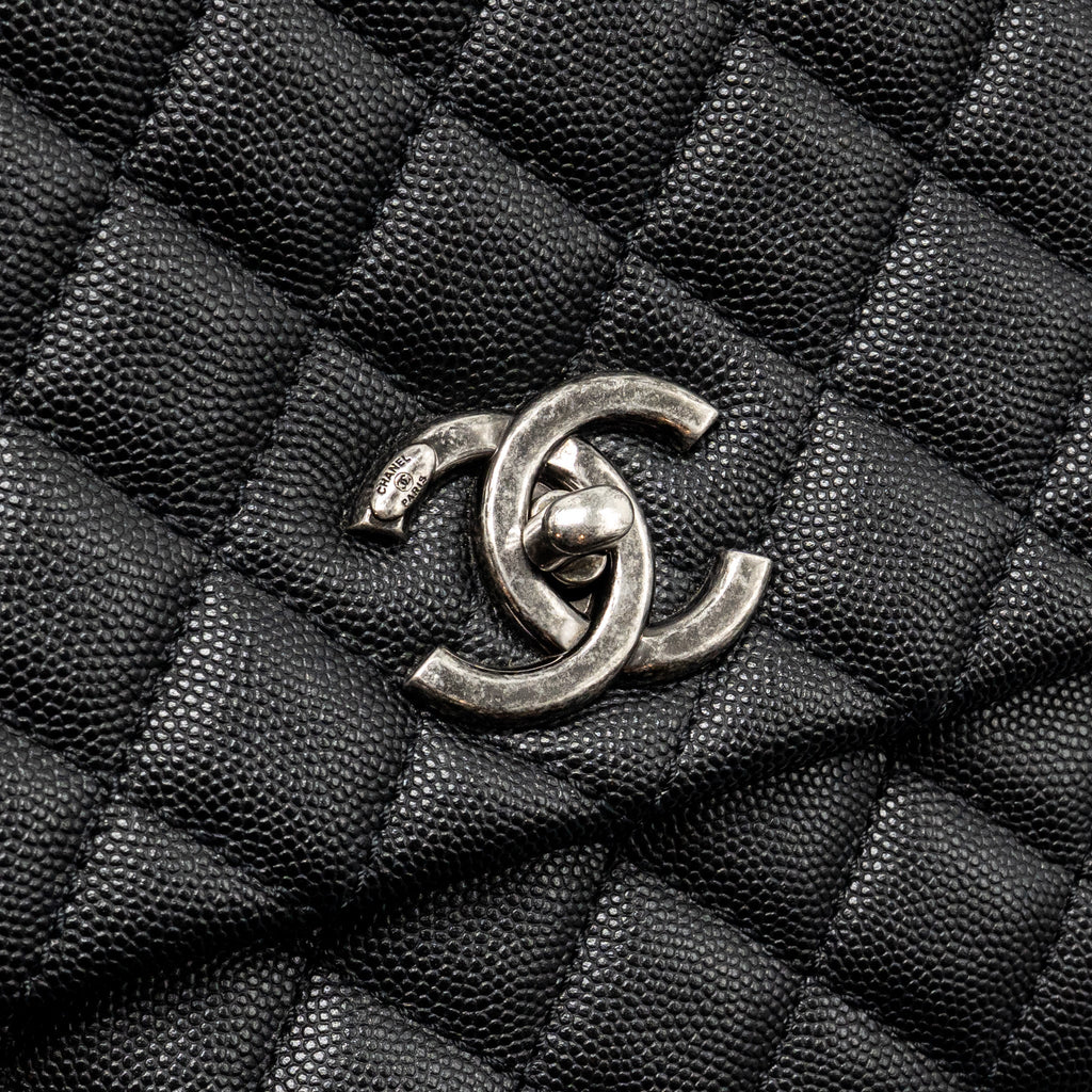 CHANEL MEDIUM COCO HANDLE CAVIAR/LIZARD HANDLE BLACK/BURGUNDY RUTHENIUM HARDWARE