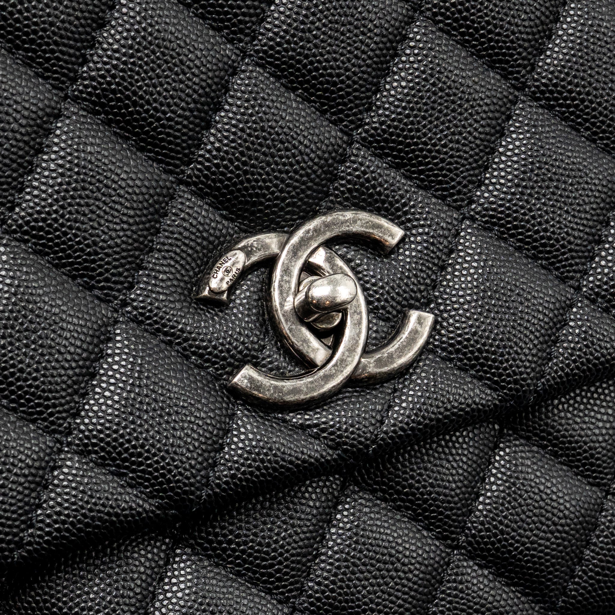 CHANEL MEDIUM COCO HANDLE CAVIAR/LIZARD HANDLE BLACK/BURGUNDY RUTHENIUM HARDWARE