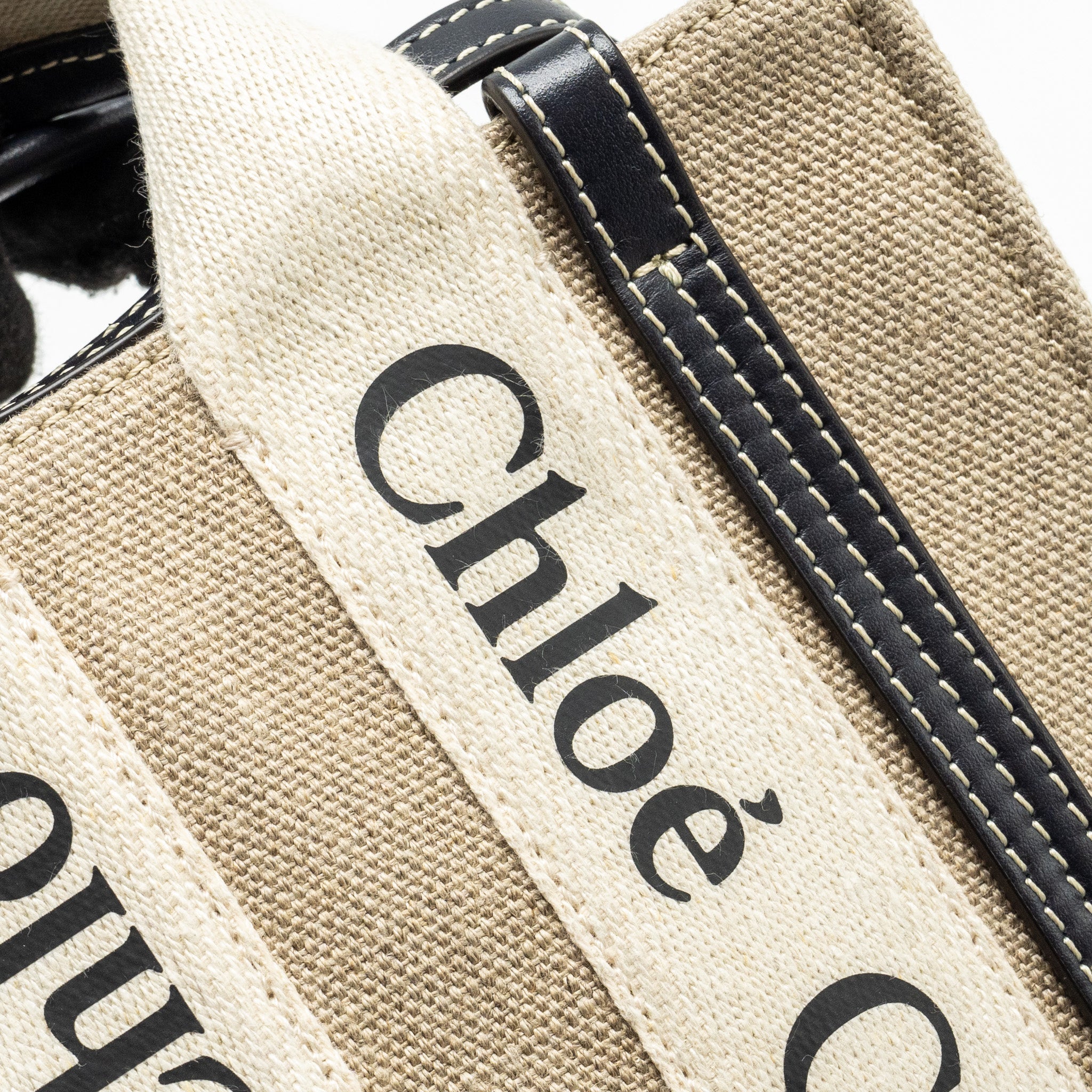 CHLOE WOODY MINI TOTE BAG CANVAS BEIGE/BLACK