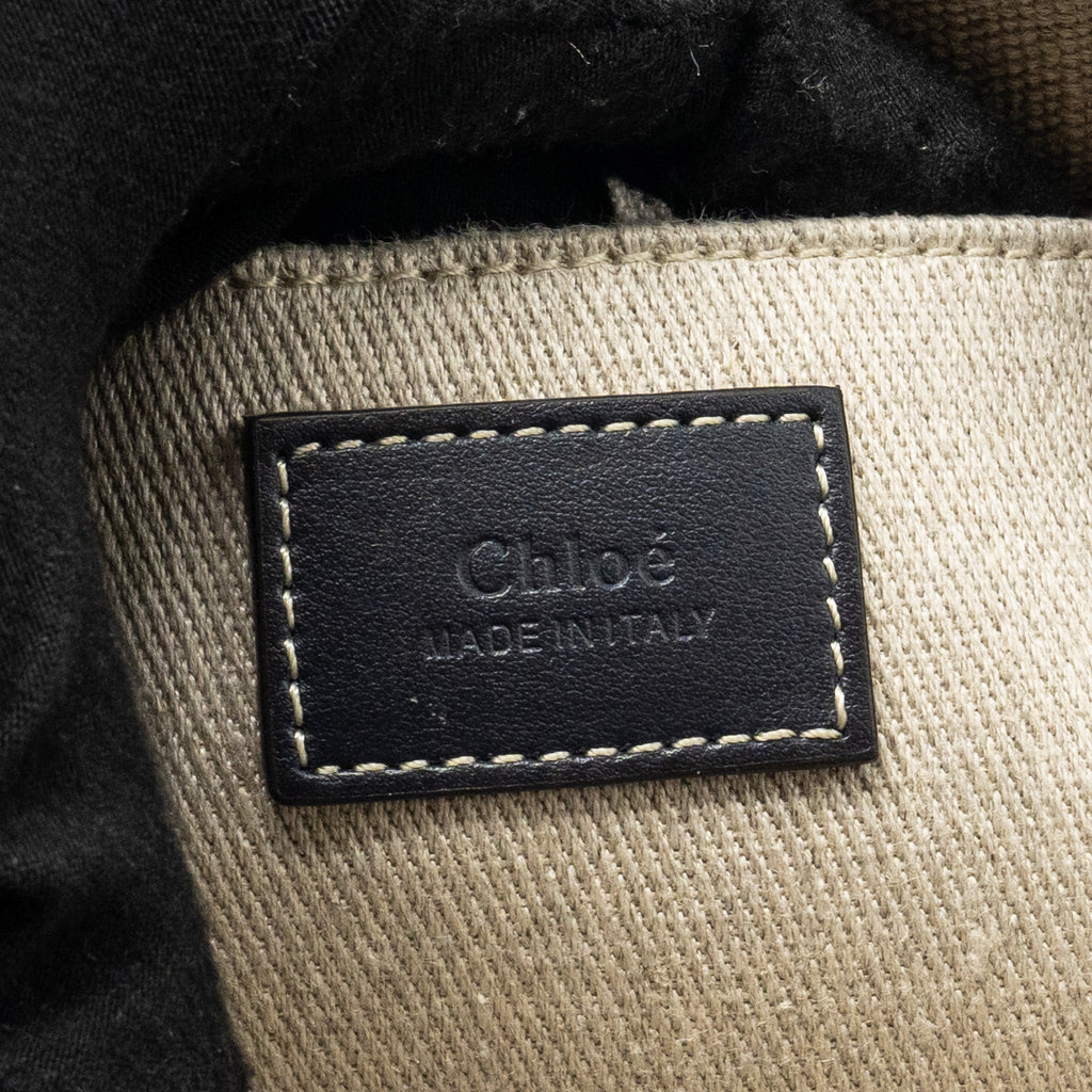 CHLOE WOODY MINI TOTE BAG CANVAS BEIGE/BLACK