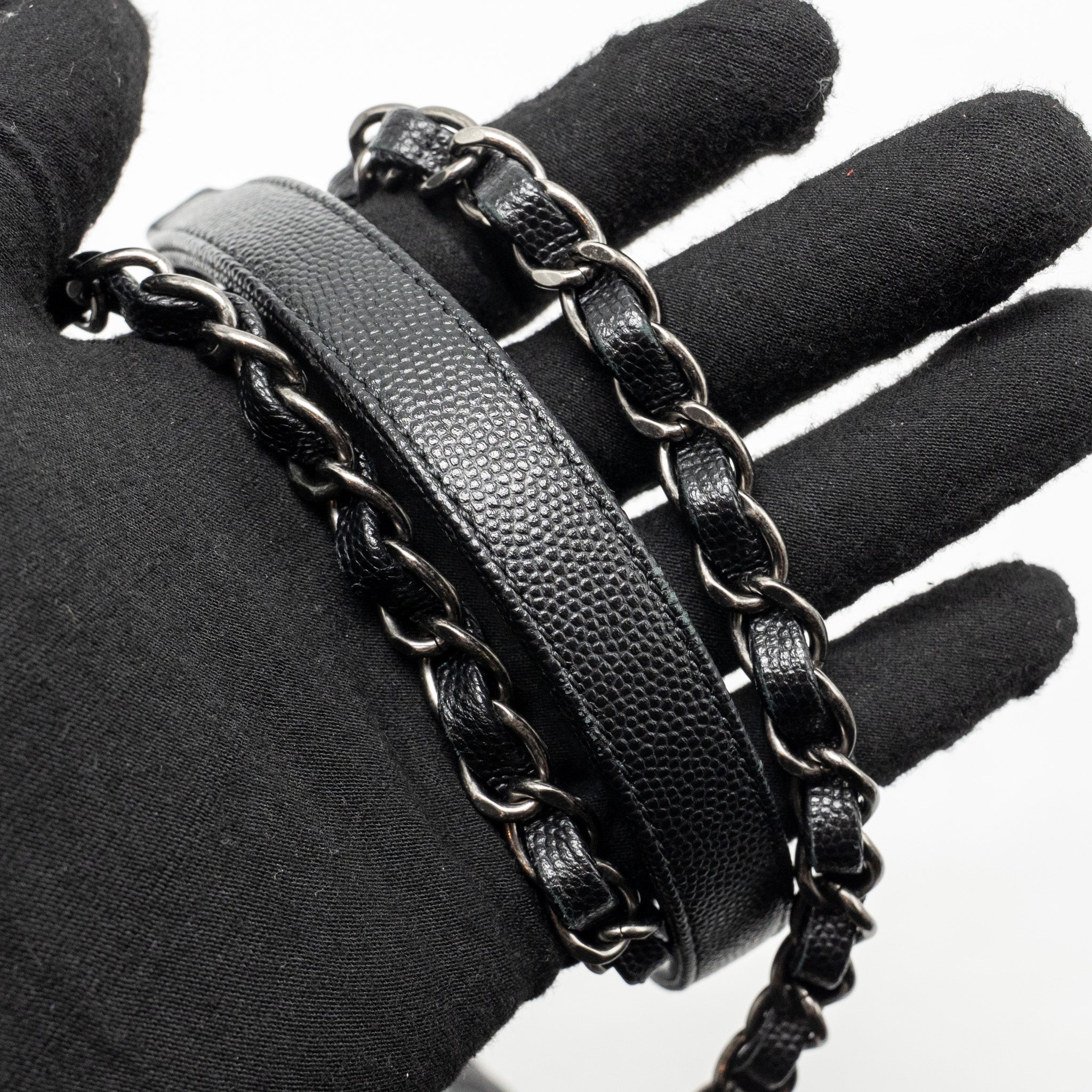 CHANEL MEDIUM COCO HANDLE CAVIAR/LIZARD HANDLE BLACK/BURGUNDY RUTHENIUM HARDWARE