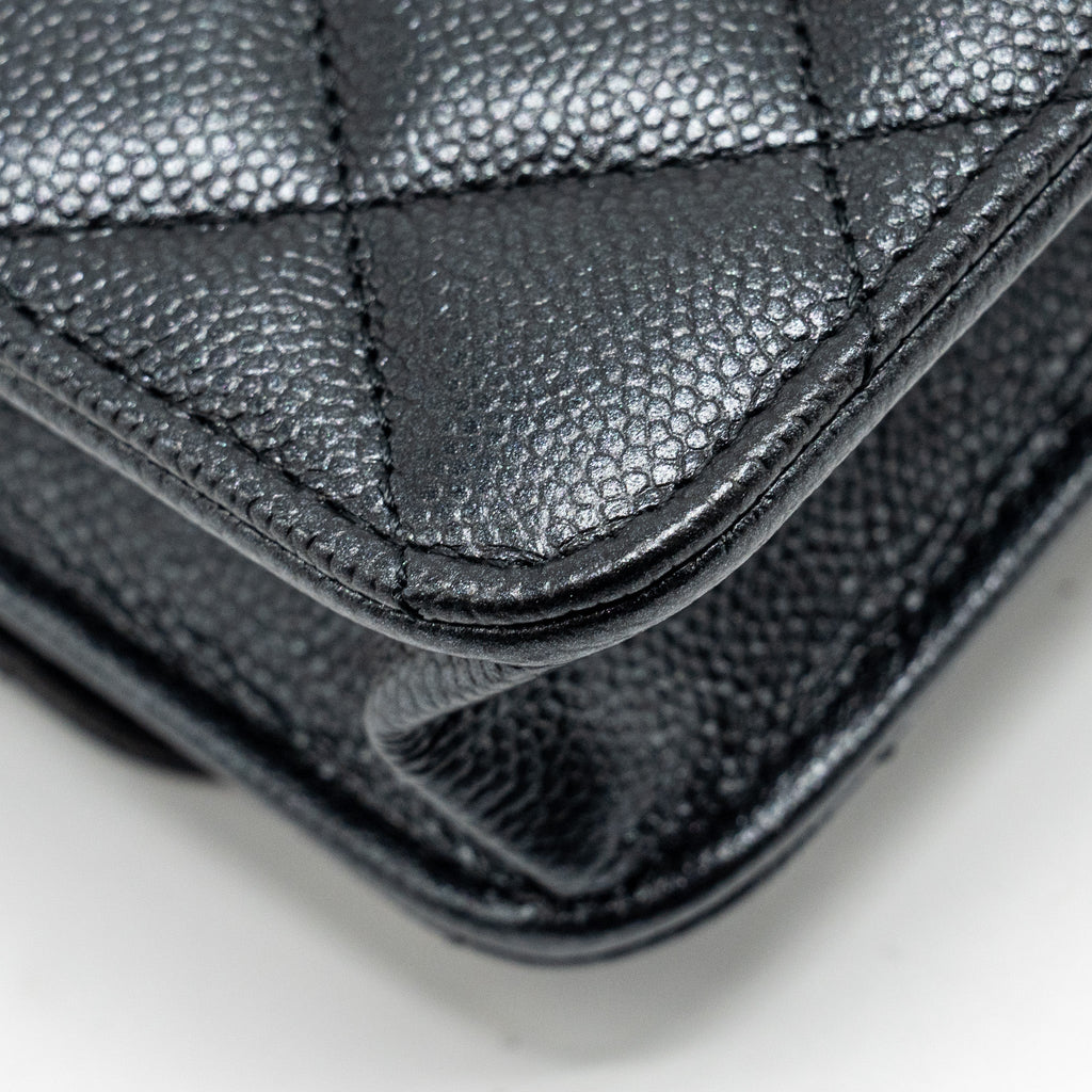 CHANEL 23B MINI FLAP WALLET WITH ADJUSTABLE CHAIN CAVIAR IRIDESCENT BLACK GHW (MICROCHIP)
