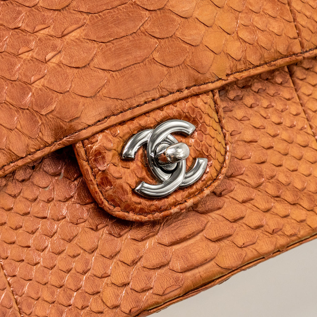 CHANEL CLASSIC DOUBLE FLAP BAG PYTHON LEATHER ORANGE SHW