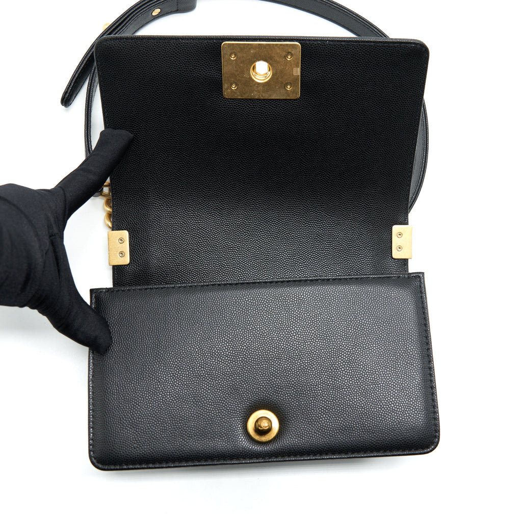 CHANEL SMALL BOY BAG CAVIAR BLACK BRUSHED GHW (MICROCHIP)