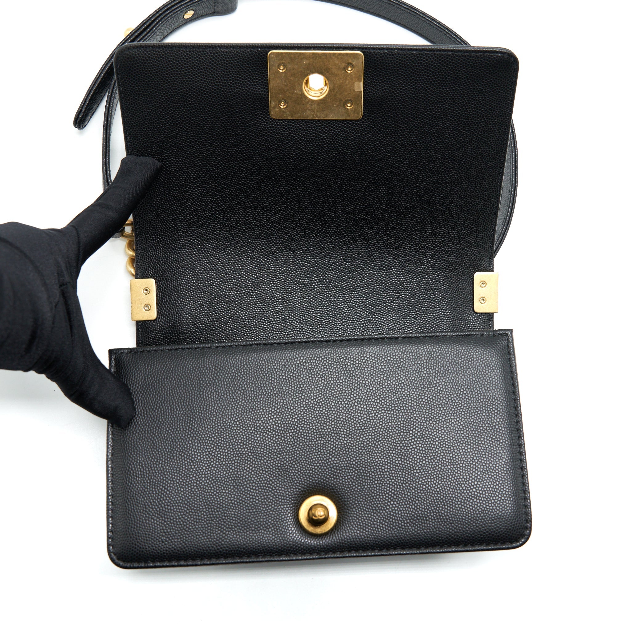 CHANEL SMALL BOY BAG CAVIAR BLACK BRUSHED GHW (MICROCHIP)