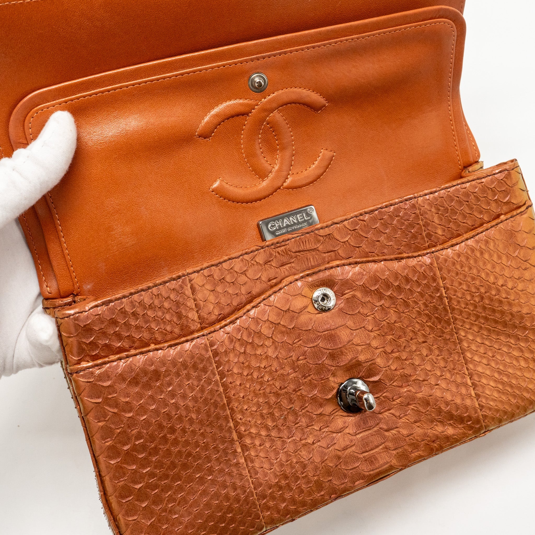 CHANEL CLASSIC DOUBLE FLAP BAG PYTHON LEATHER ORANGE SHW