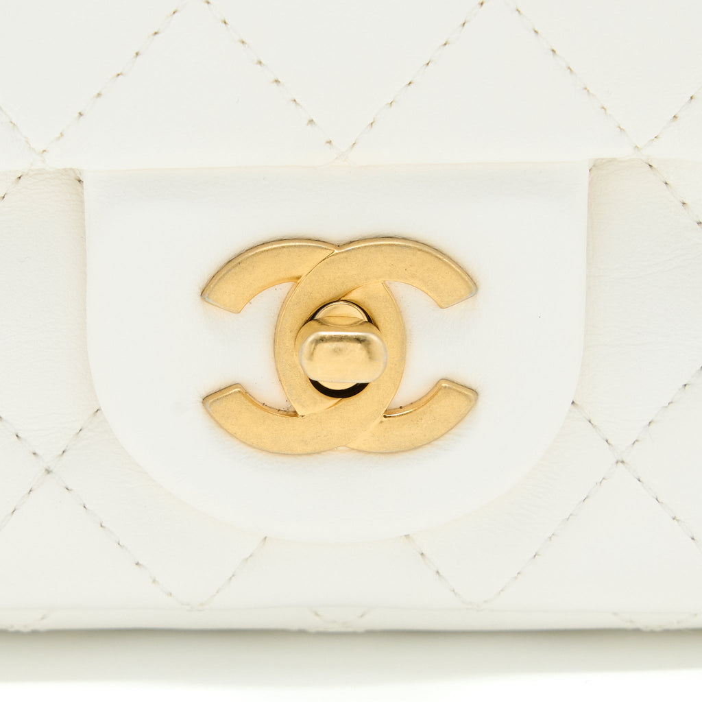 CHANEL MINI SQUARE FLAP BAG WITH DETAILED RIBBON CHAIN LAMBSKIN WHITE GHW