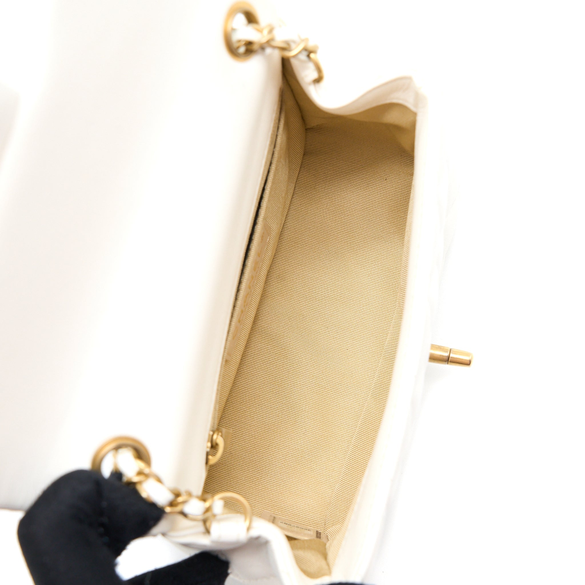 CHANEL MINI SQUARE FLAP BAG WITH DETAILED RIBBON CHAIN LAMBSKIN WHITE GHW