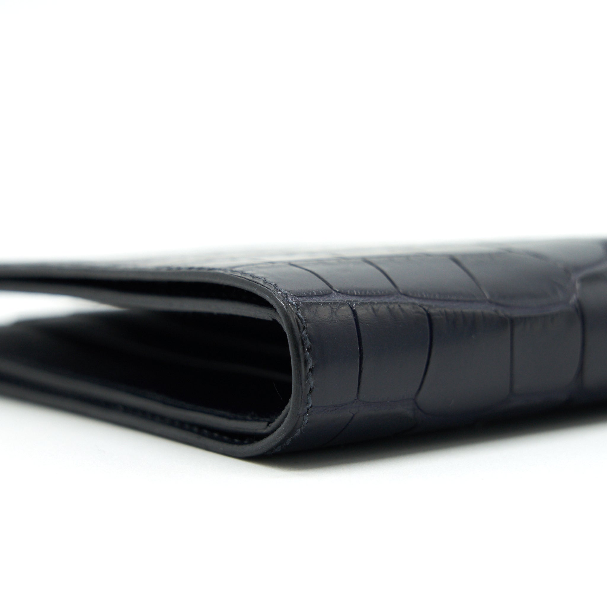 HERMES EMERALD ALLIGATOR EXOTIC LEATHER MEN'S SUIT BIFOLD BIFOLD POCKET WALLET IN DARK NAVY