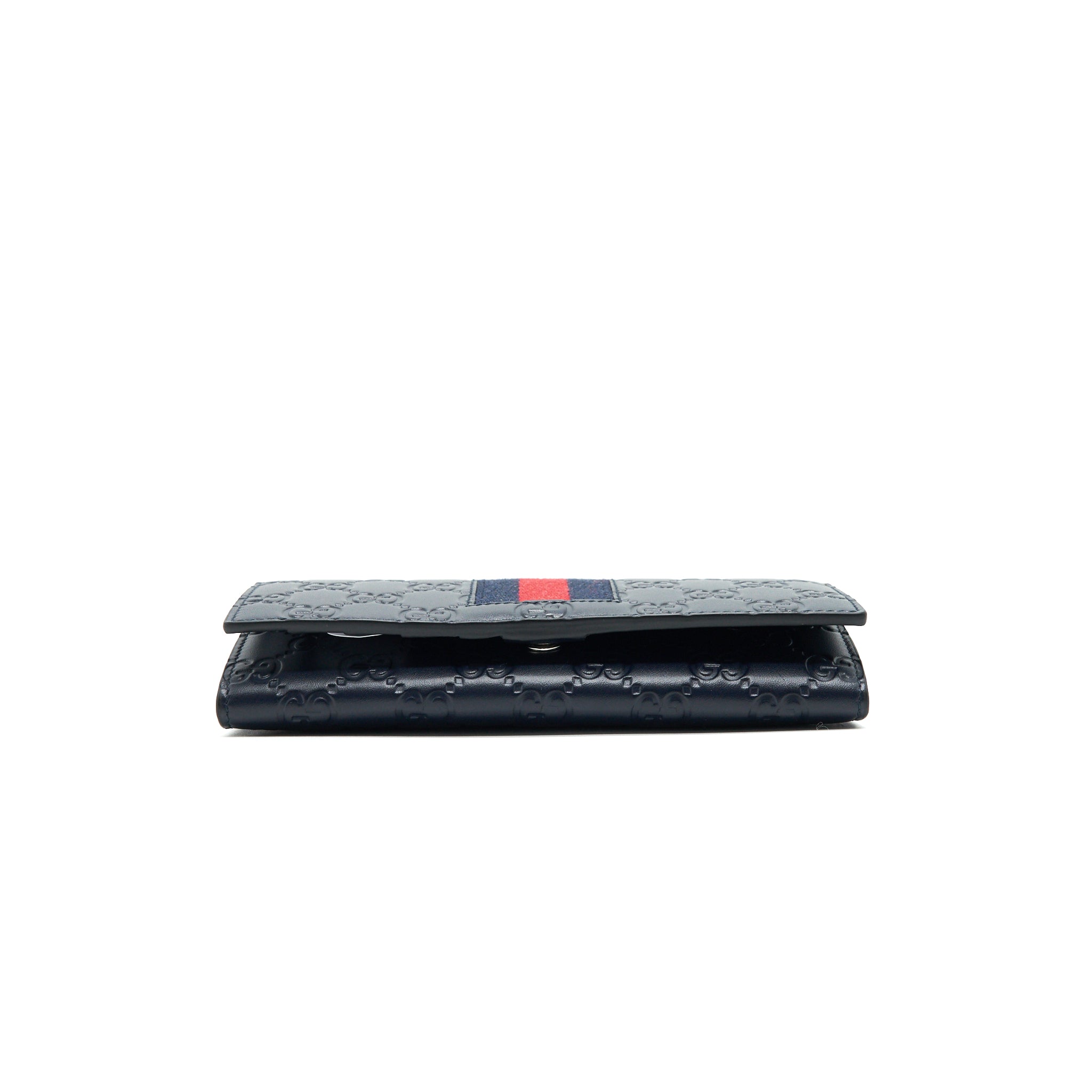 GUCCI MEN'S SIGNATURE WEB LEATHER LONG WALLET IN DARK NAVY