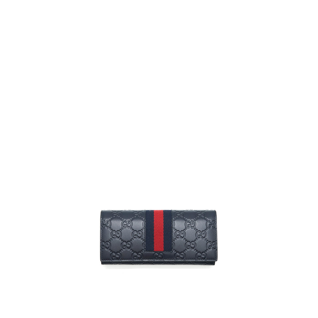 GUCCI MEN'S SIGNATURE WEB LEATHER LONG WALLET IN DARK NAVY