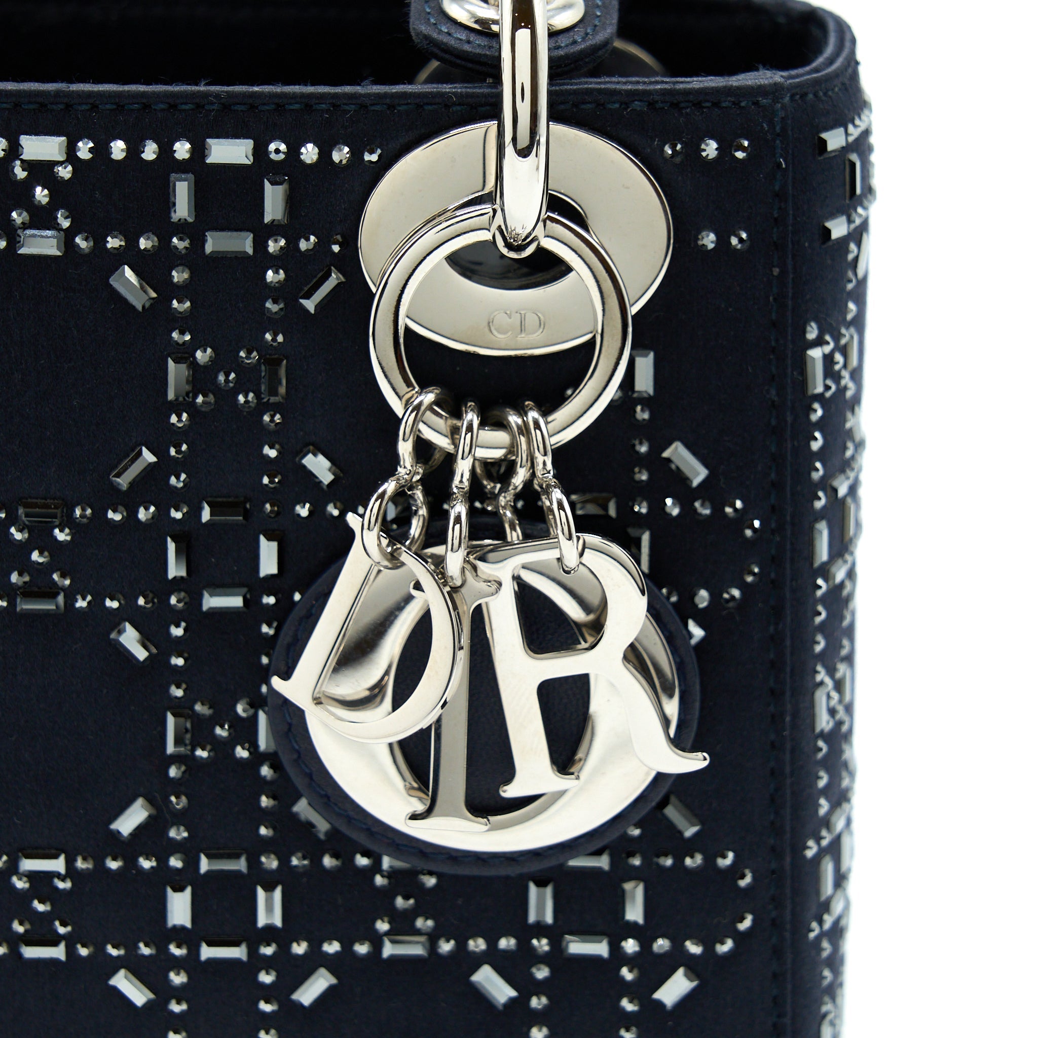 DIOR MINI LADY DIOR SATIN CRYSTAL CANNAGE DARK BLUE SHW