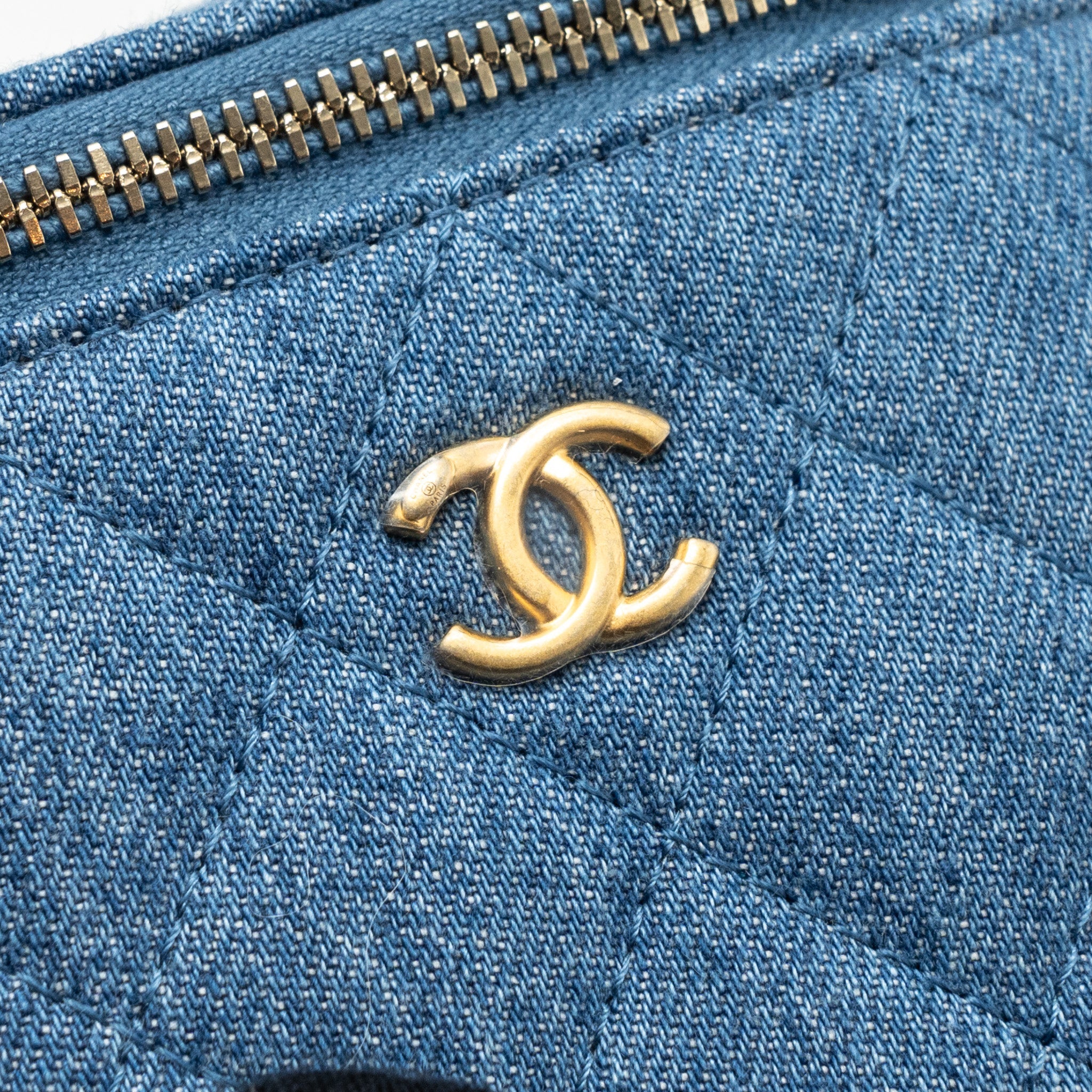 CHANEL PEARL CRUSH MINI VANITY CASE DENIM BLUE BRUSHED GHW