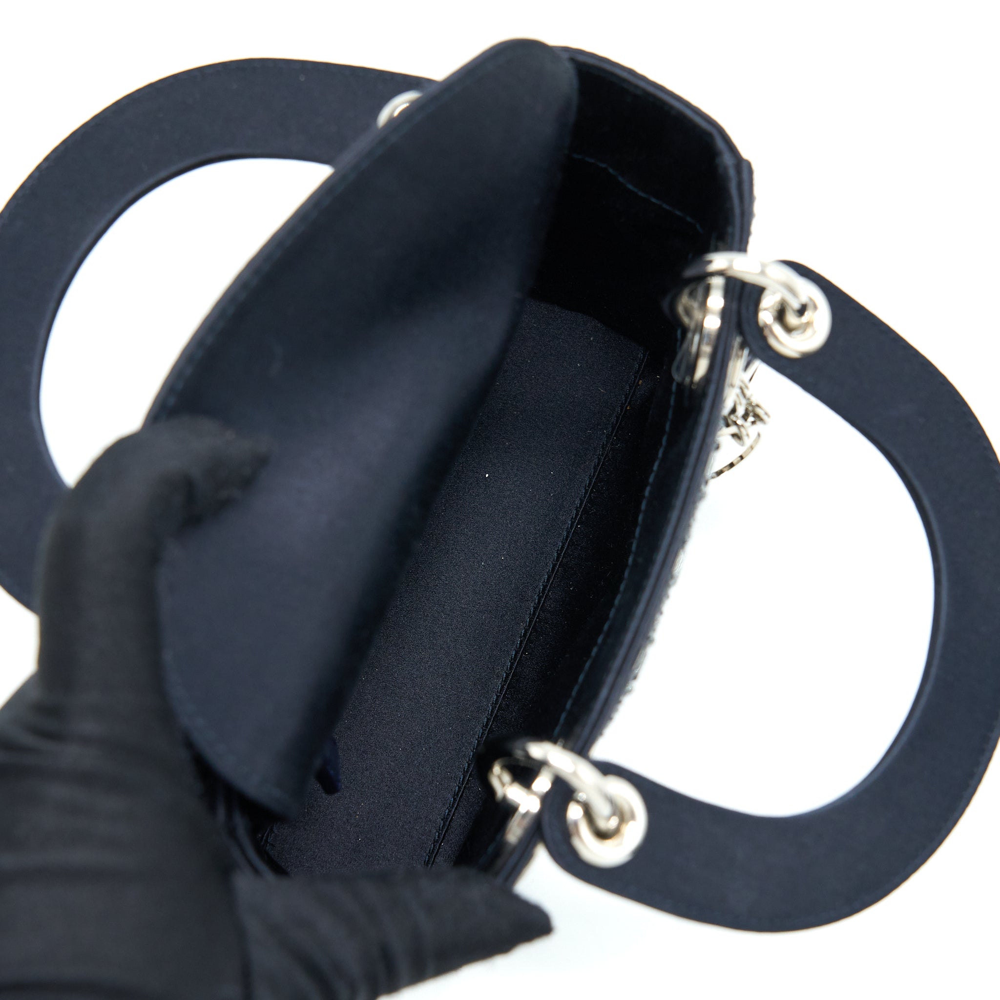 DIOR MINI LADY DIOR SATIN CRYSTAL CANNAGE DARK BLUE SHW